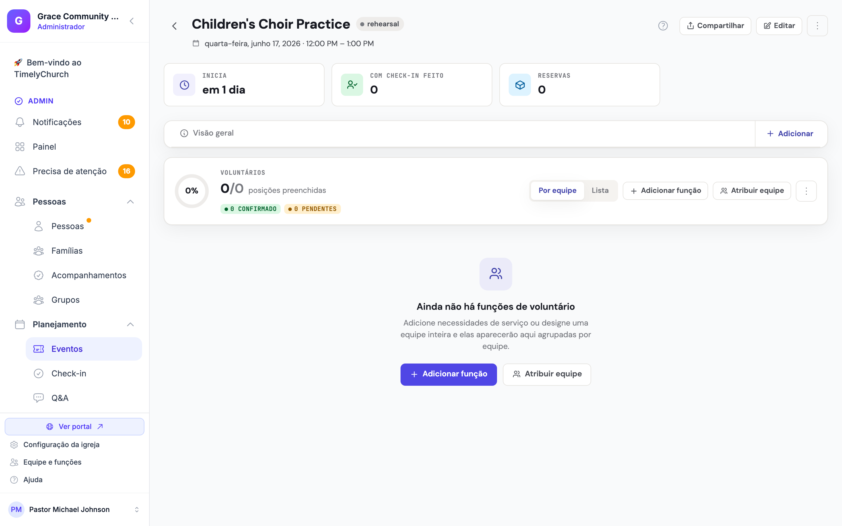 A aba Serviço em um evento (Hub do Evento), mostrando posições agrupadas por equipe, as pessoas designadas para cada posição e o status de confirmação.