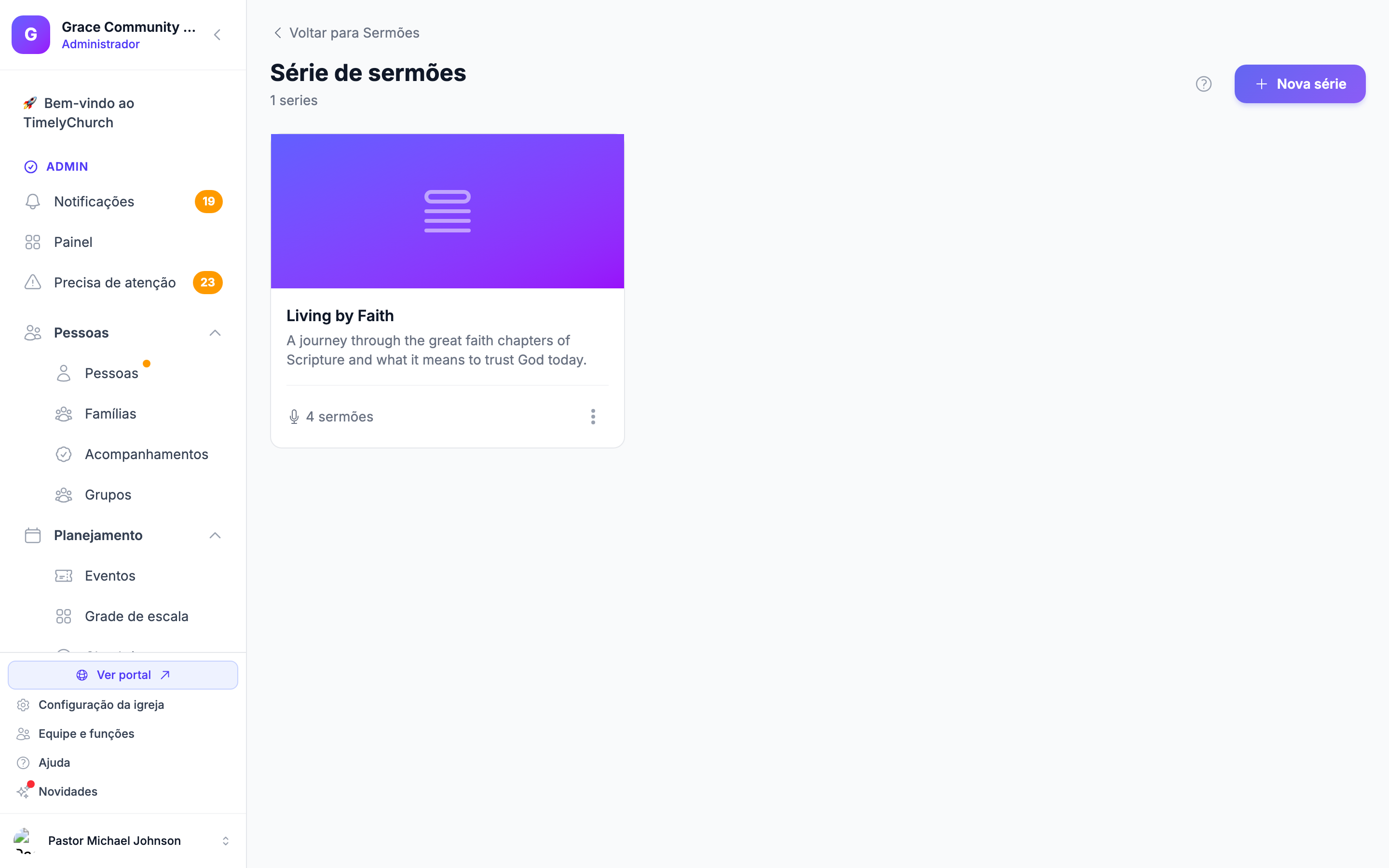 A página de Séries de Sermões, onde mensagens relacionadas são agrupadas sob um tema comum.