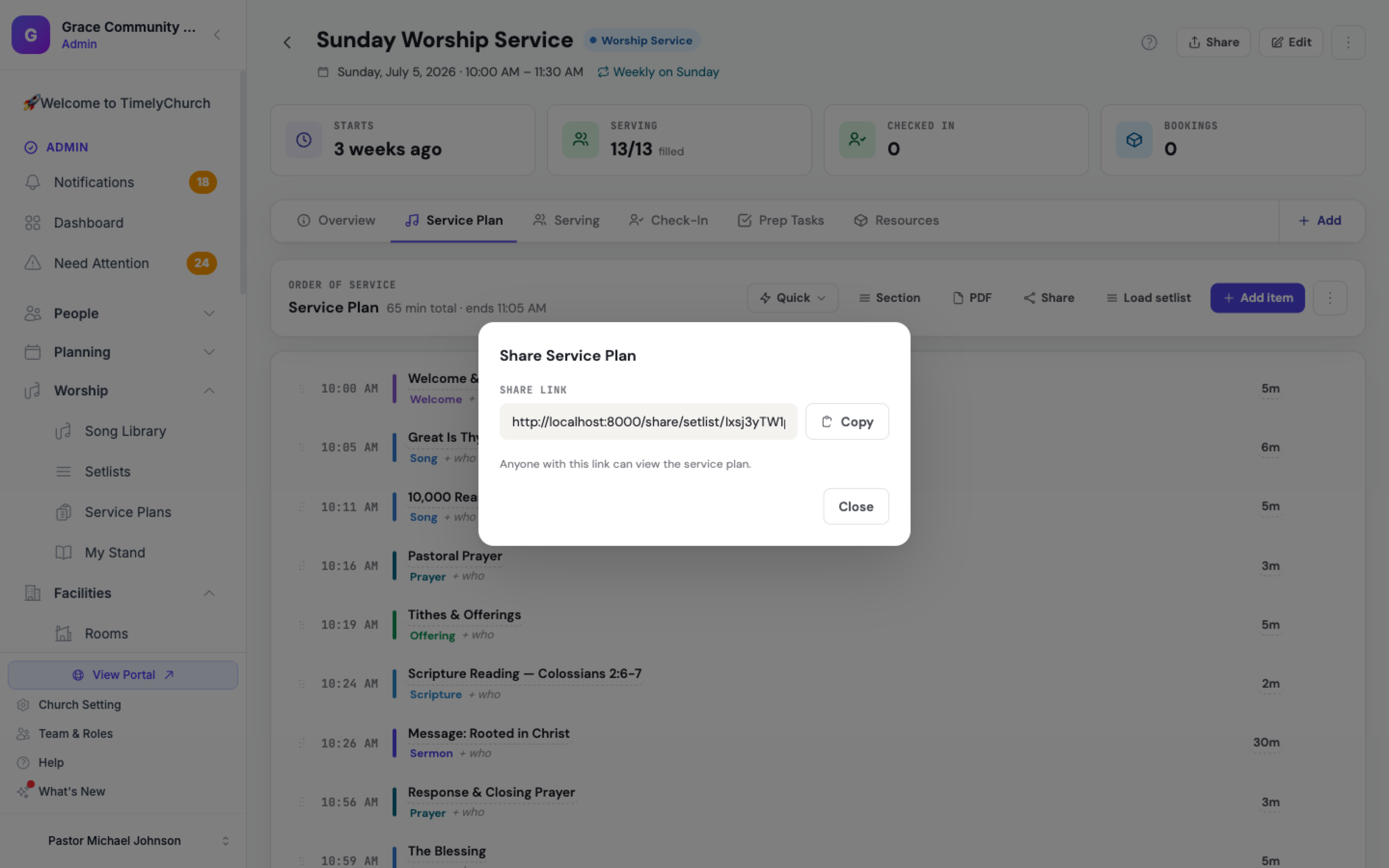Um plano de culto compartilhado com o painel Compartilhar setlist aberto, mostrando o link gerado para a banda e um botão Copiar