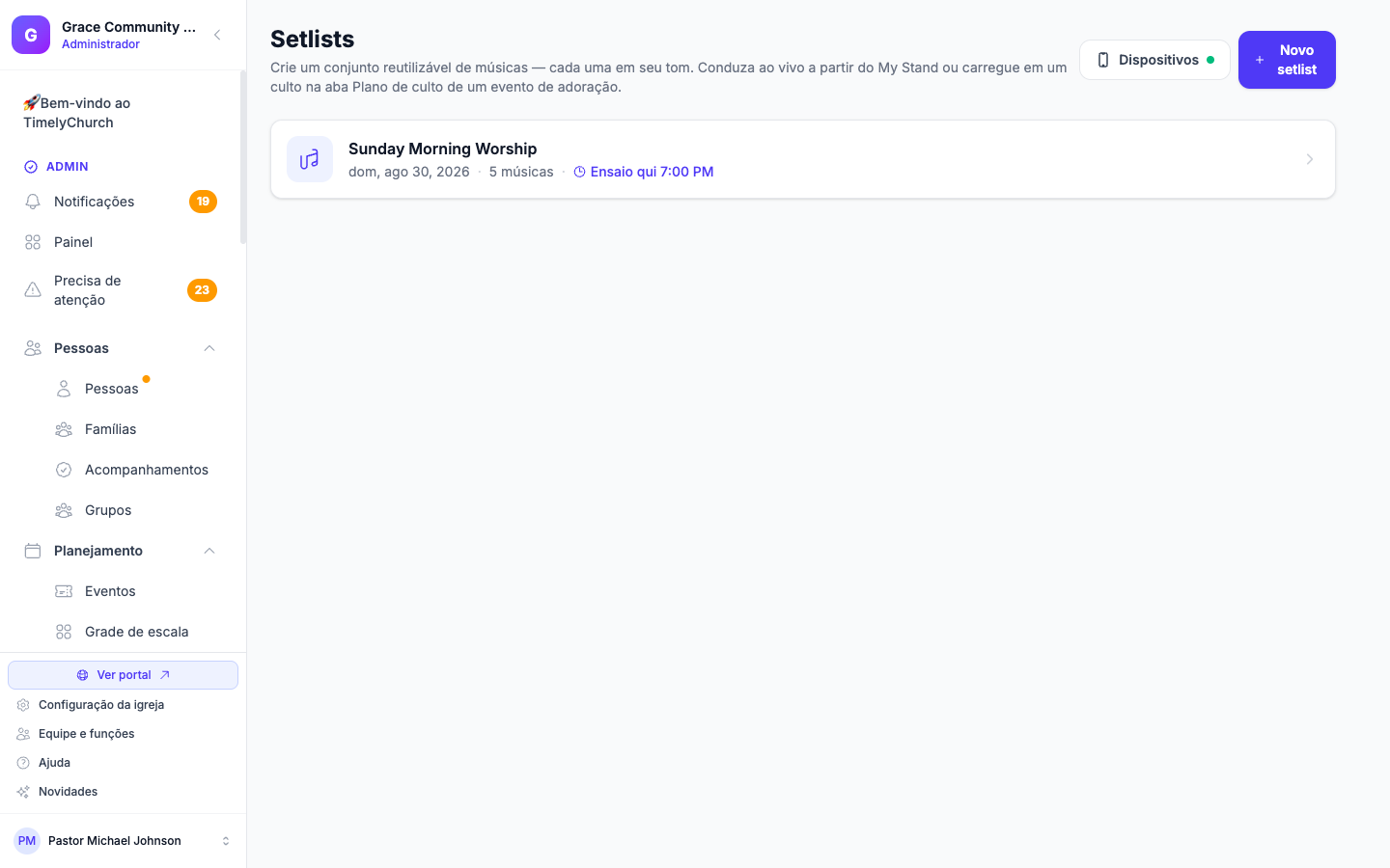 A página de Repertórios com o botão Dispositivos e seu ponto de status, ao lado de Novo setlist