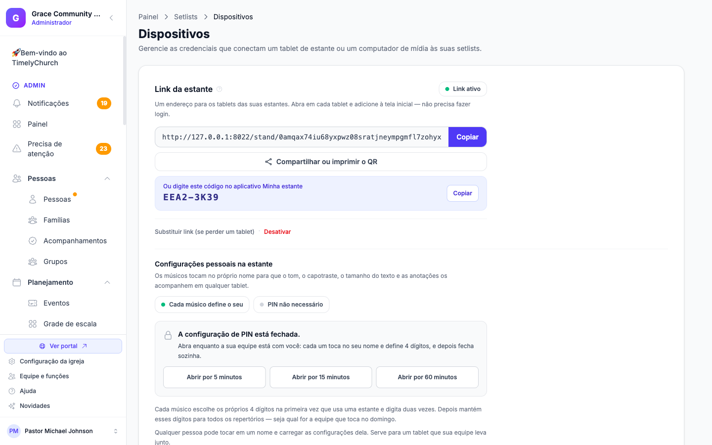 A aba Link da Estante da página de Dispositivos, mostrando o endereço, Compartilhar ou imprimir QR, e o código de ativação do app Minha Estante