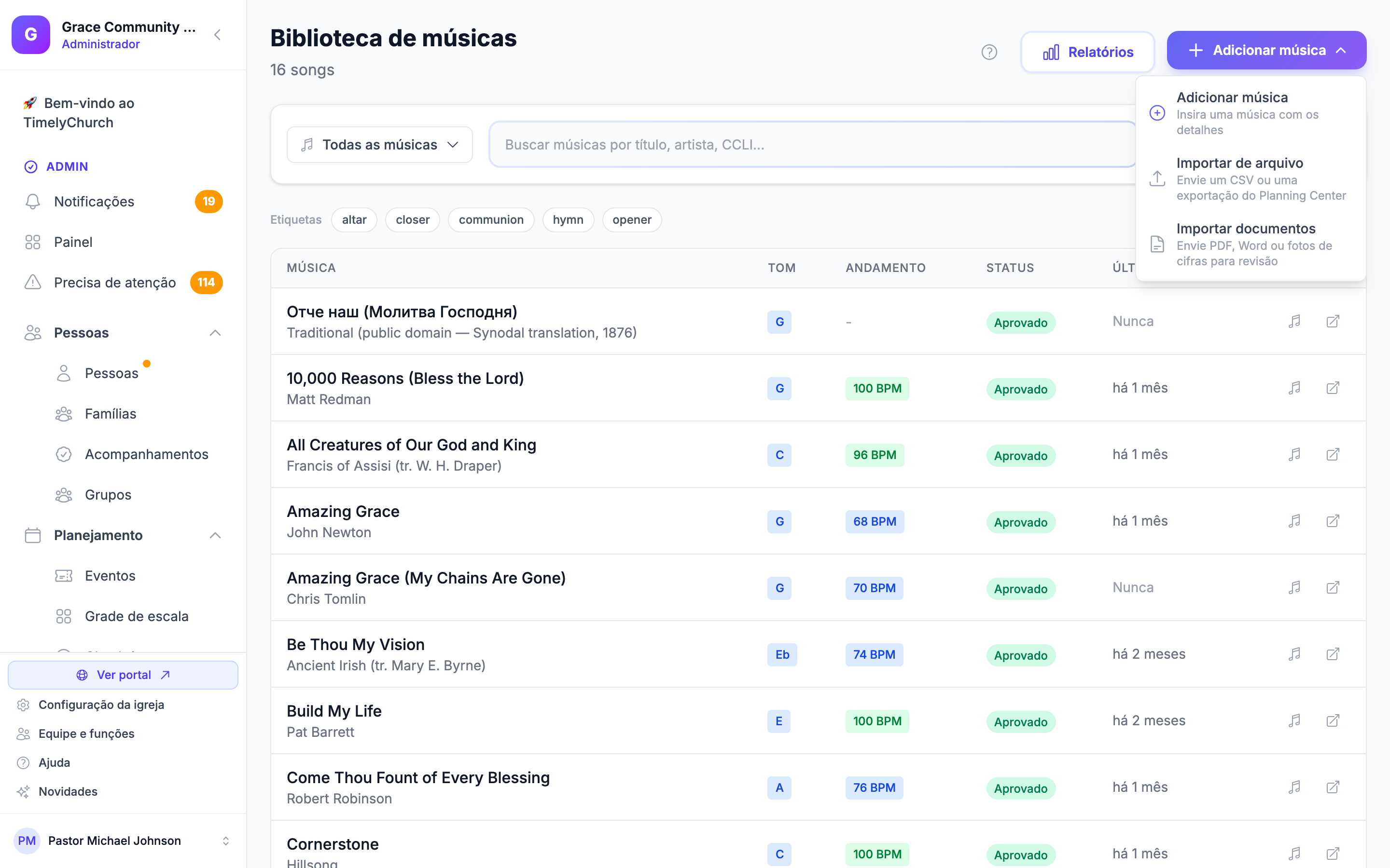 A página de Músicas com o menu Adicionar música aberto, mostrando Importar documentos