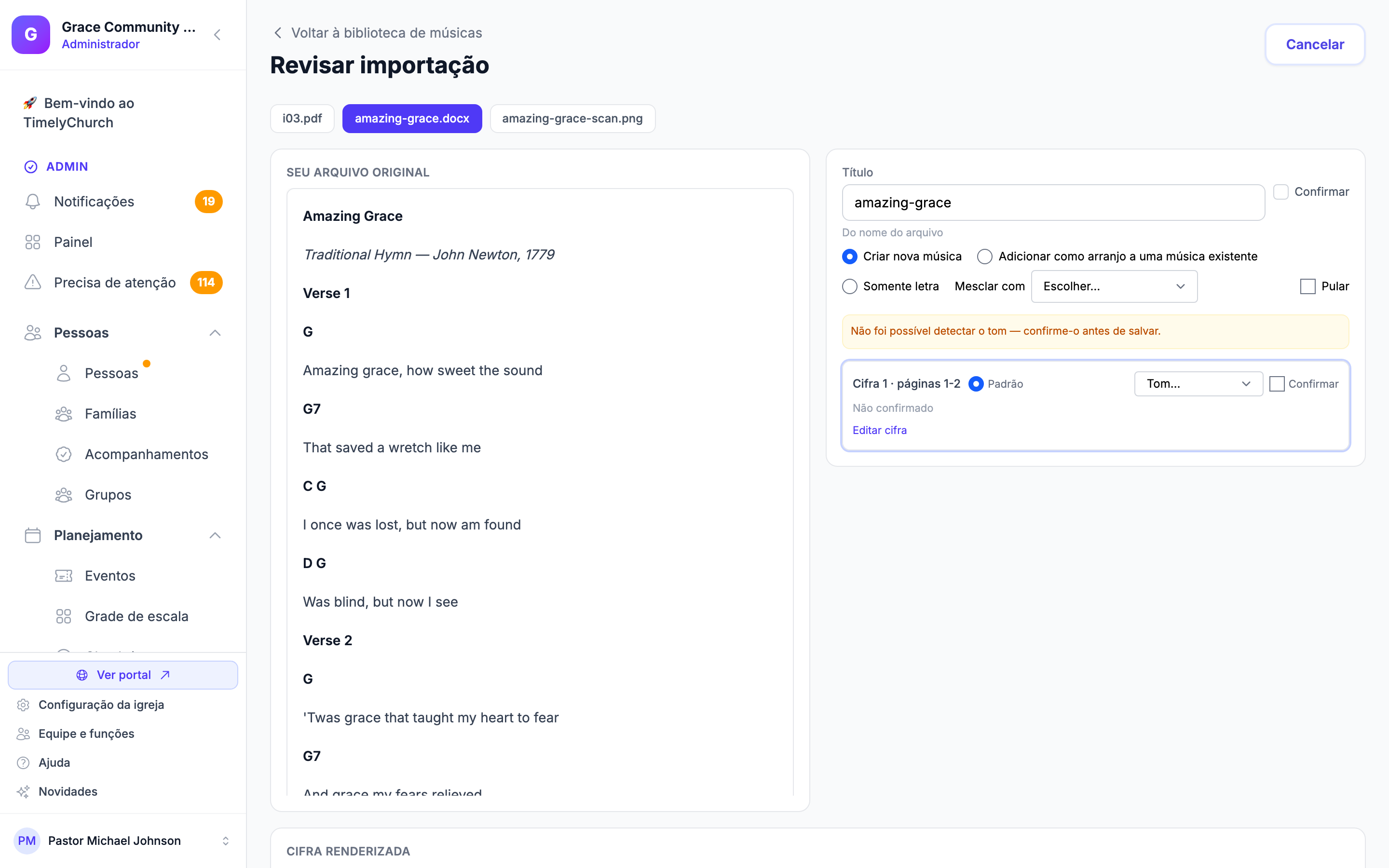 A tela Revisar importação para um documento do Word, com a página original ao lado da música proposta e seus controles