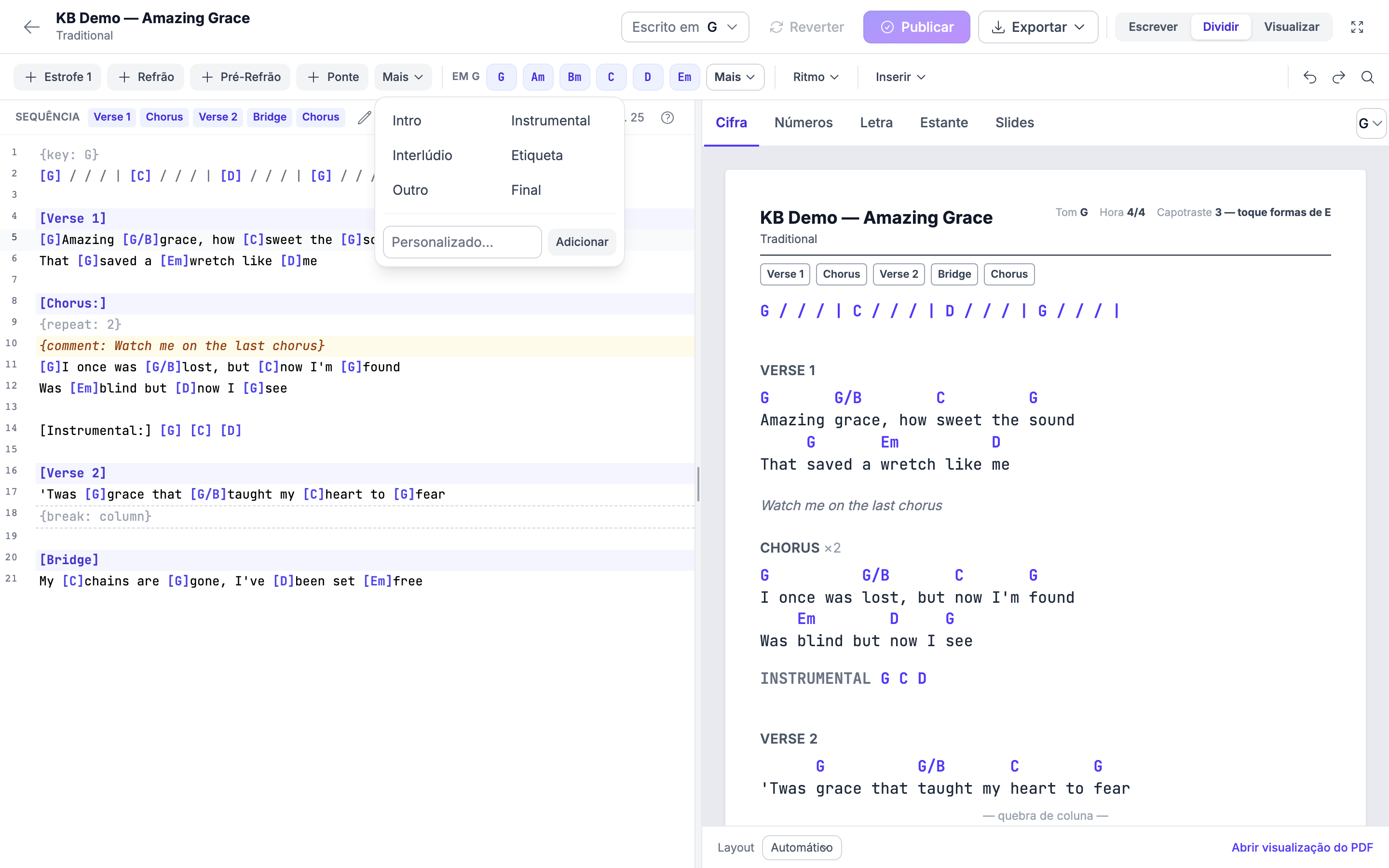 As fichas de seção na faixa com o menu Mais aberto, mostrando Intro, Instrumental, Interlúdio, Etiqueta, Outro, Final e a opção de digitar um rótulo personalizado