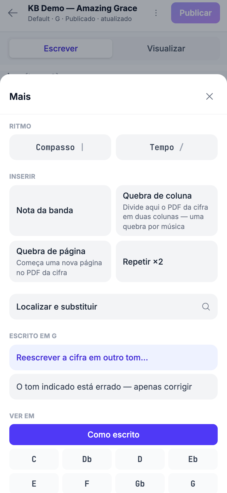 A folha de Mais aberta num celular, alcançando ritmo, localizar, escrito em, ver em, sequência, exportar e reverter