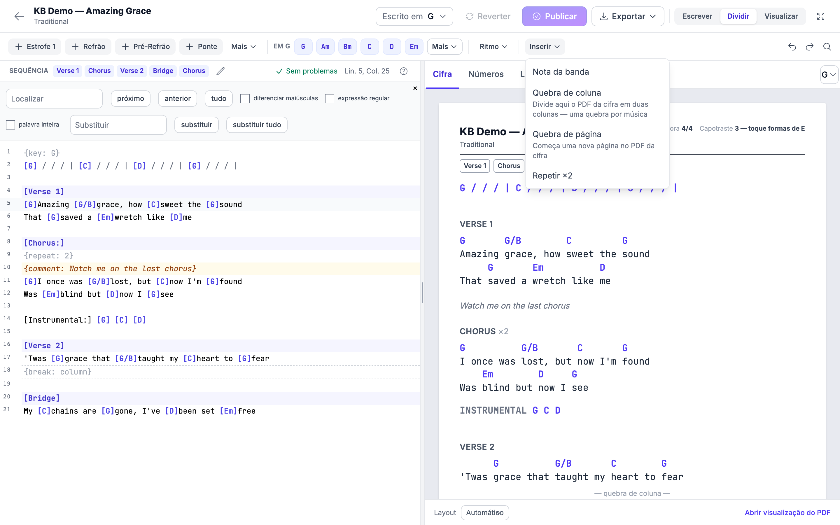 O menu Inserir da faixa aberto por cima da barra Localizar, com Nota da banda, Quebra de coluna com "Divide aqui o PDF da cifra em duas colunas — uma quebra por música", Quebra de página com "Começa uma nova página no PDF da cifra" e Repetir ×2