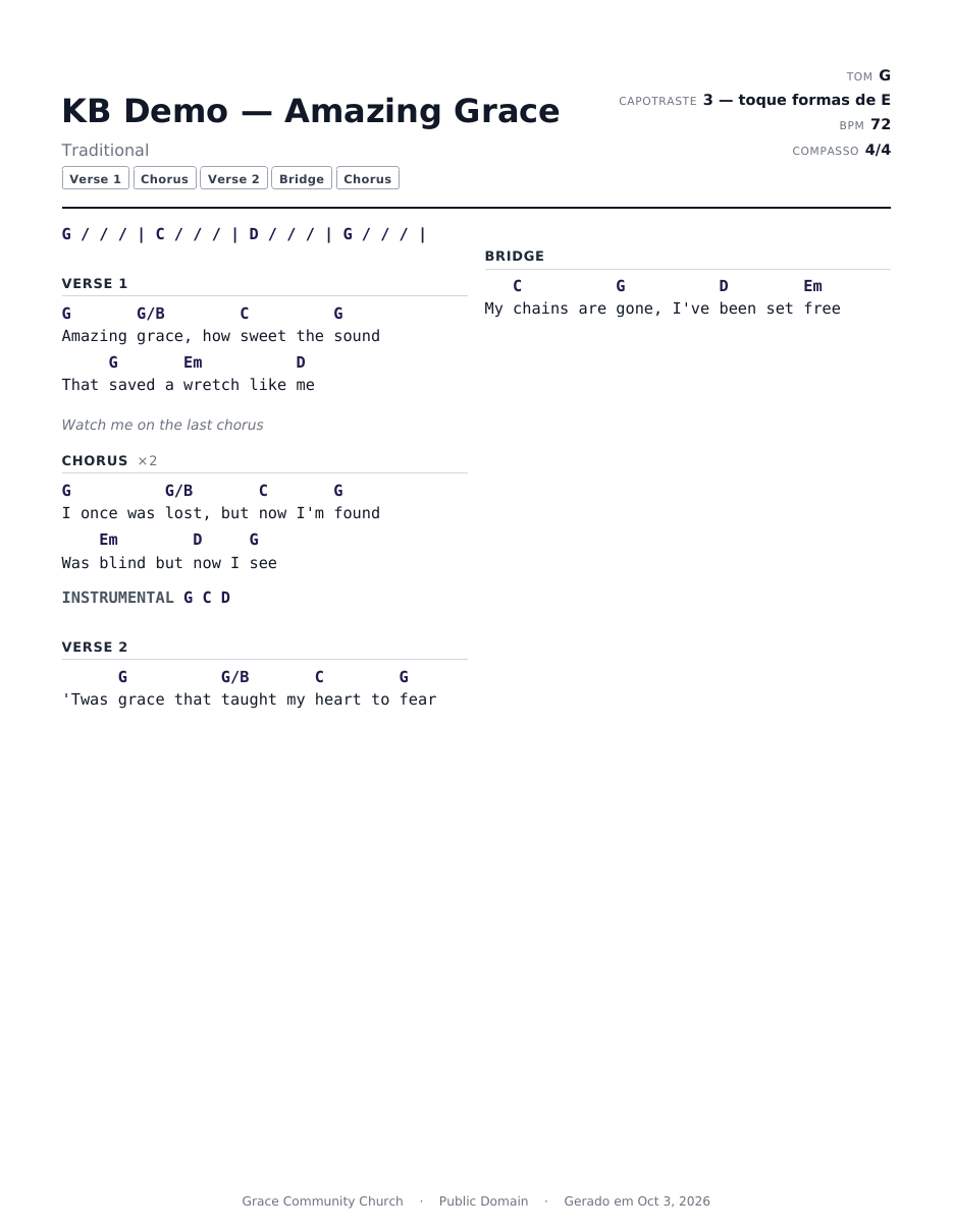 O PDF da cifra em duas colunas, divididas exatamente na quebra de coluna manual, com a nota da banda em cinza itálico sob o título da seção
