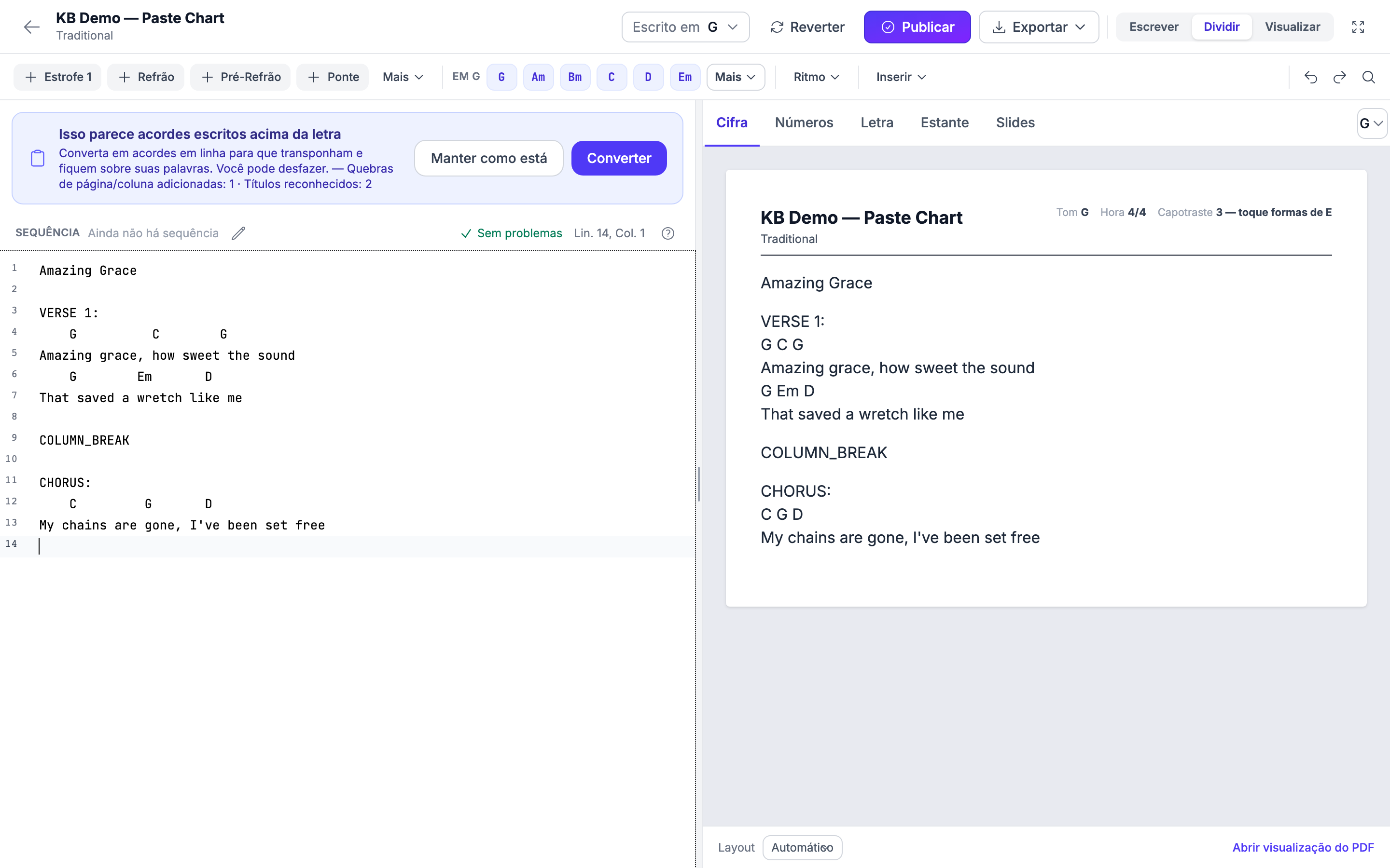 O aviso de colagem inteligente depois de colar acordes acima da letra, oferecendo Converter ou Manter como está, com a contagem de códigos de layout removidos e títulos reconhecidos