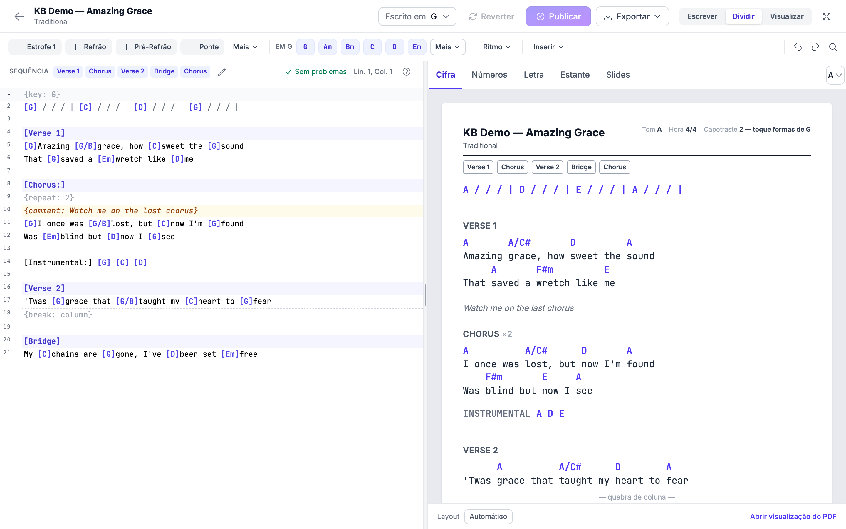 O menu Ver em aberto com outro tom escolhido: a visualização transposta com uma dica de capotraste, enquanto o texto no painel de escrita continua igual