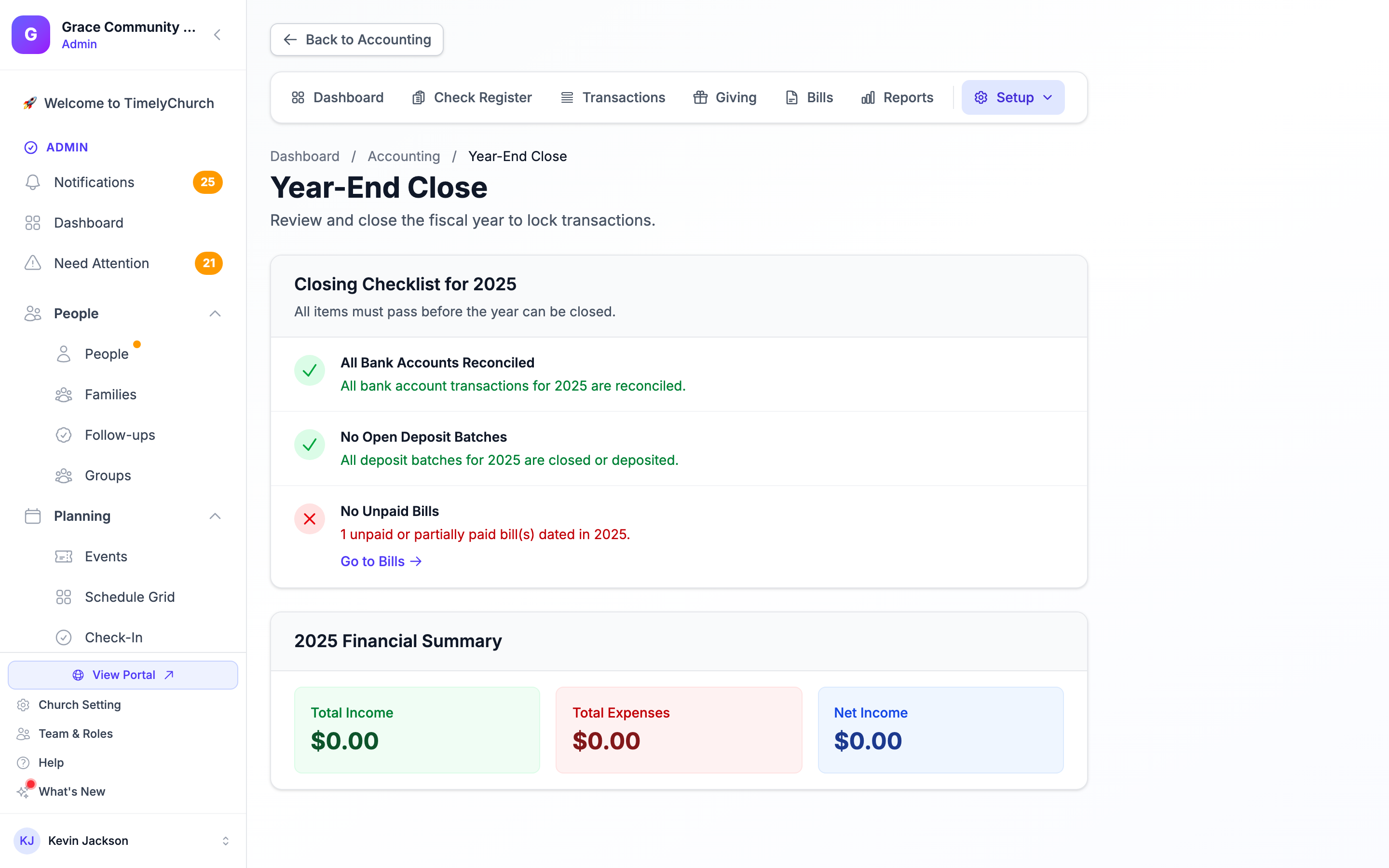 The Year-End Close page with the Closing Checklist (All Bank Accounts Reconciled, No Open Deposit Batches, No Unpaid Bills), the Financial Summary, and the Close Fiscal Year button