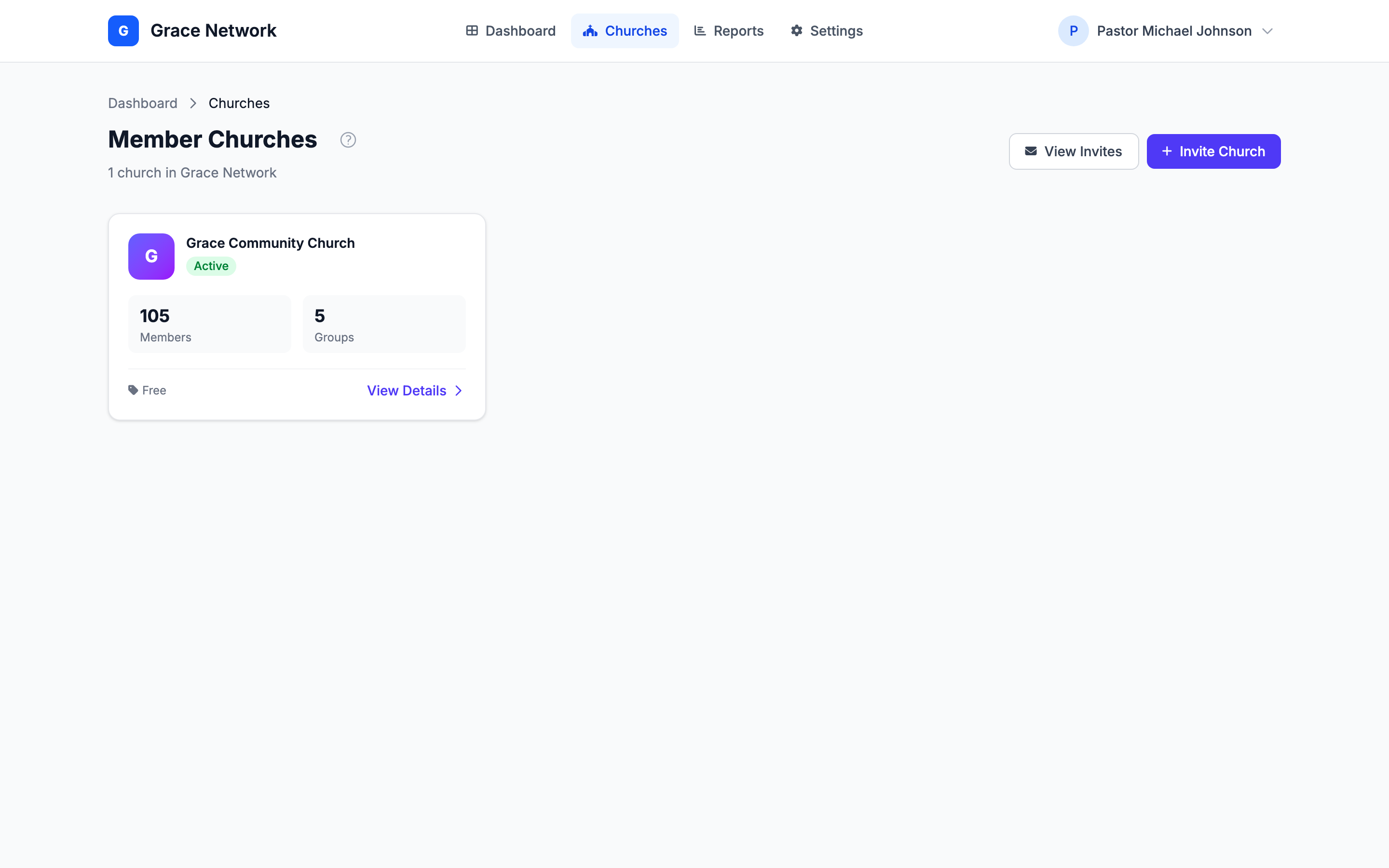 Diretório Igrejas membros — status de cada igreja, contagens de membros e grupos, plano e link para a visualização de detalhes