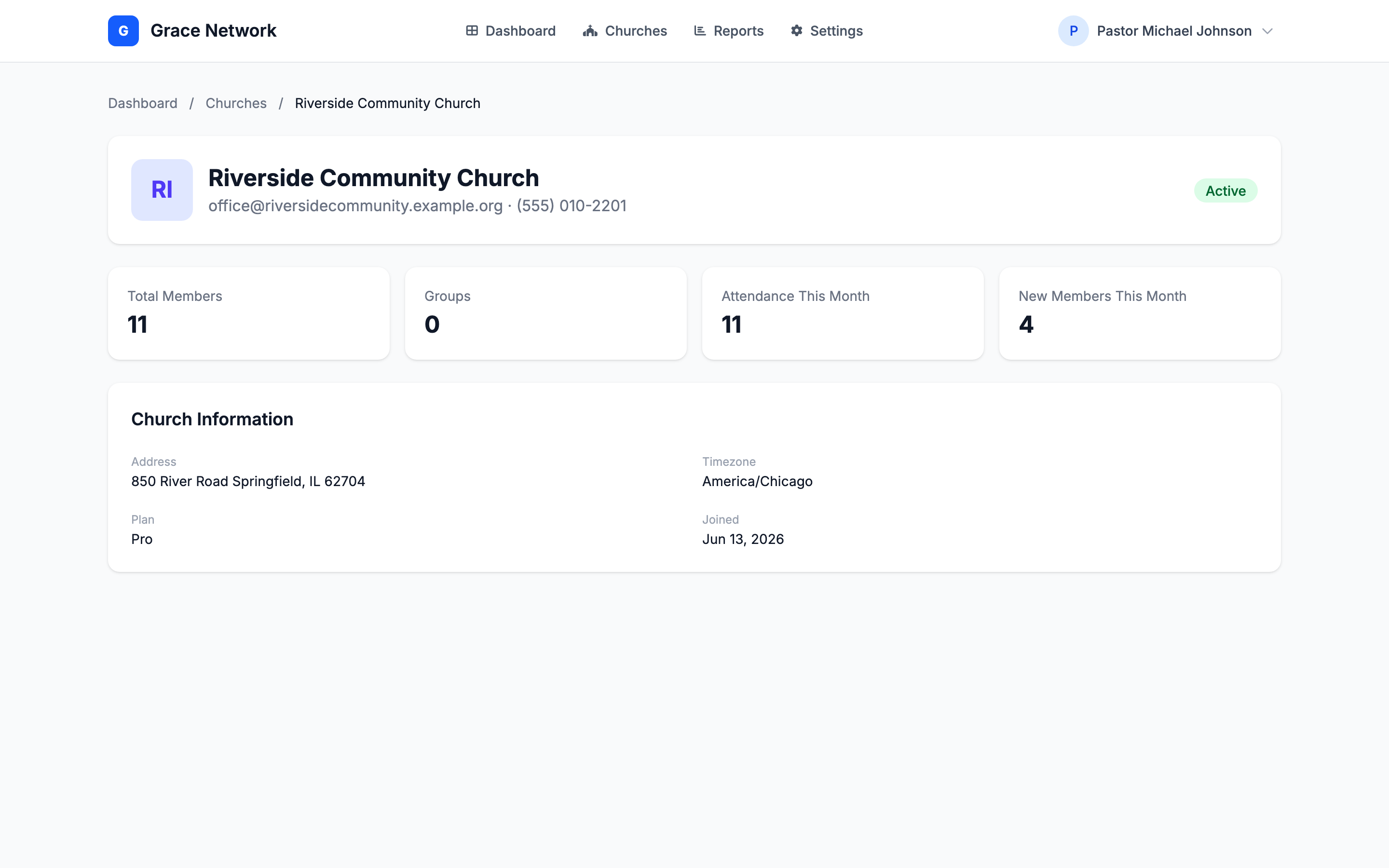 Página de detalhes de uma igreja membro — cards Total de membros, Grupos, Frequência deste mês e Novos membros neste mês acima do painel Informações da igreja