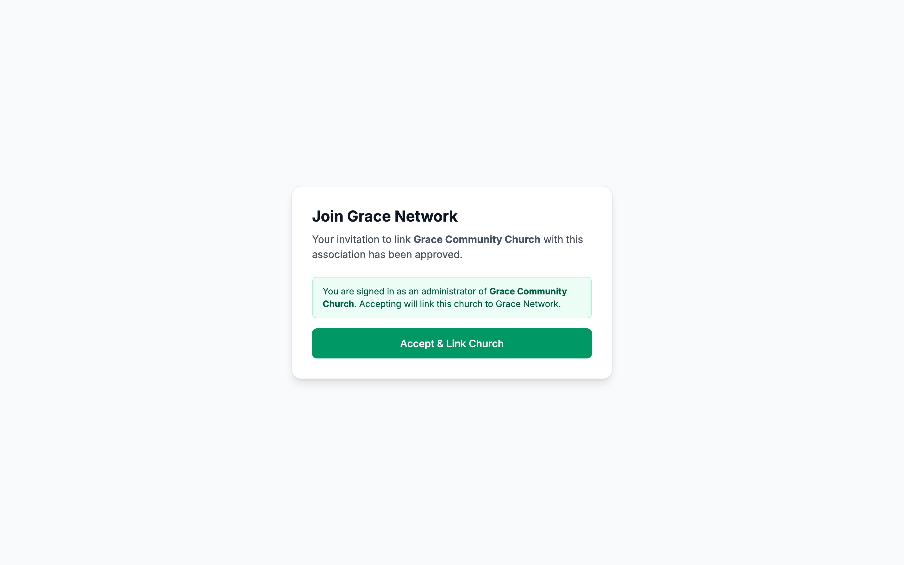 A página Join association para um administrador de igreja conectado — a confirmação verde de que aceitar vinculará a igreja, e o botão Accept & Link Church
