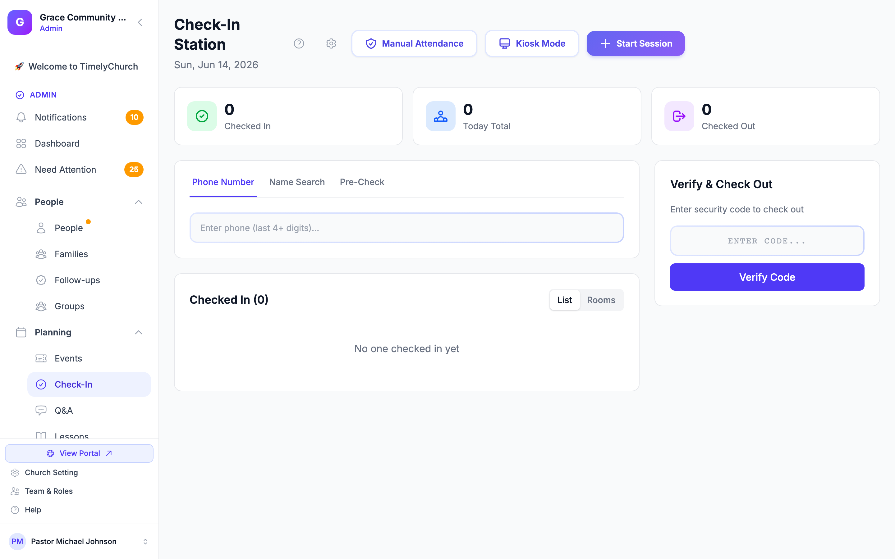 Cronologia de check-ins em um relatório de detalhes da sessão, mostrando a distribuição horária de check-ins como um pequeno gráfico de barras horizontal na barra lateral. A página session-show renderiza o cartão 'Cronologia de check-ins' apenas quando existem dados de cronologia (check-ins agrupados por hora). Para chegar a ela é necessária uma sessão existente com check-ins; a partir do índice da Estação de check-in, o banner de Sessões ativas vincula a uma página de detalhes da sessão ao clicar no nome da sessão. Dependente de dados: a igreja de demonstração pode não ter uma sessão ativa com check-ins em várias horas.
