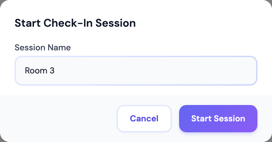 Janela Iniciar sessão de check-in a partir da aba Check-in do evento, com o Nome da sessão obrigatório pré-preenchido como Sala 2 e sem menu suspenso de evento