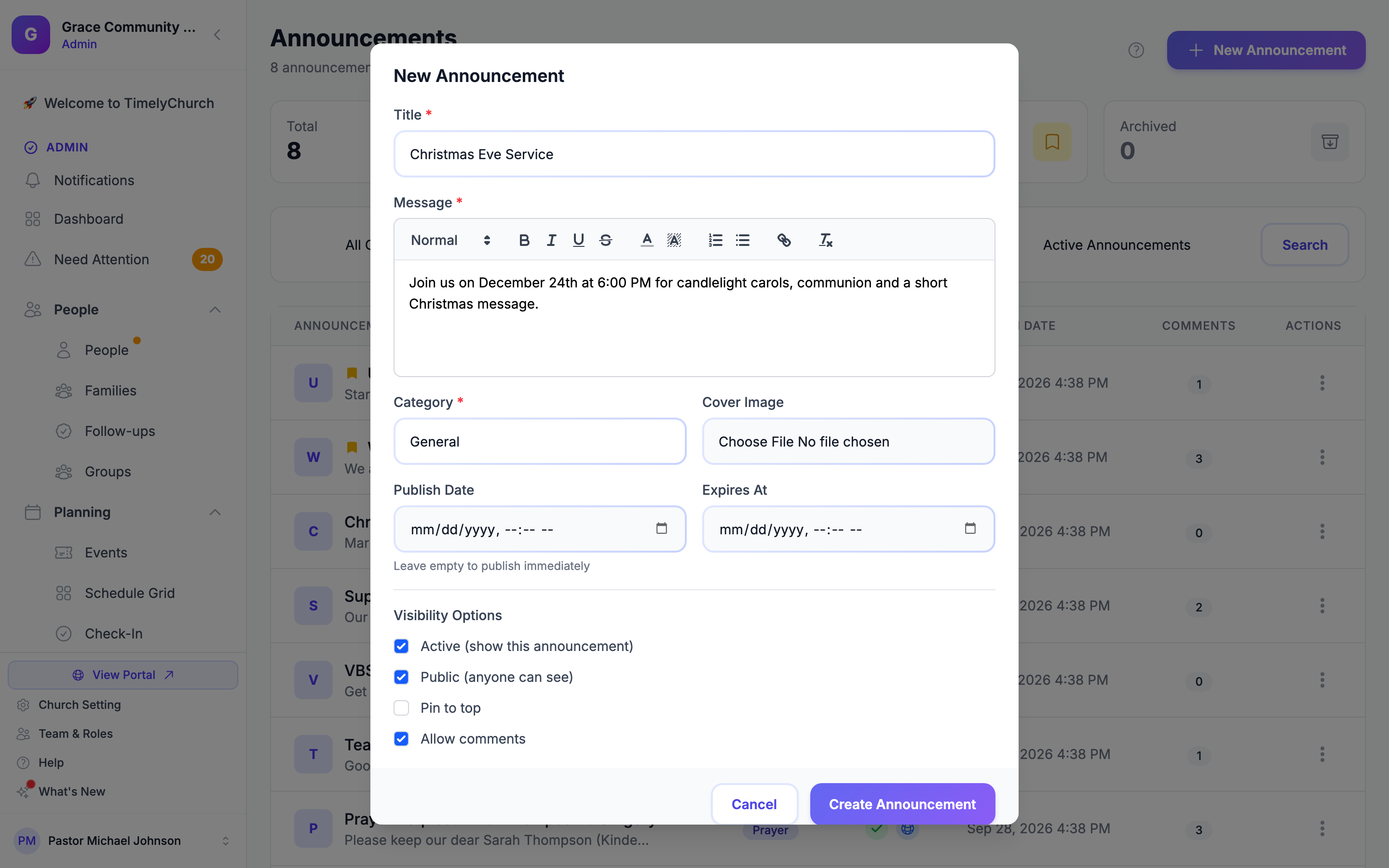 The New Announcement dialog with Title, Message, Category, Cover Image, Publish Date, Expires At and the Visibility Options checkboxes