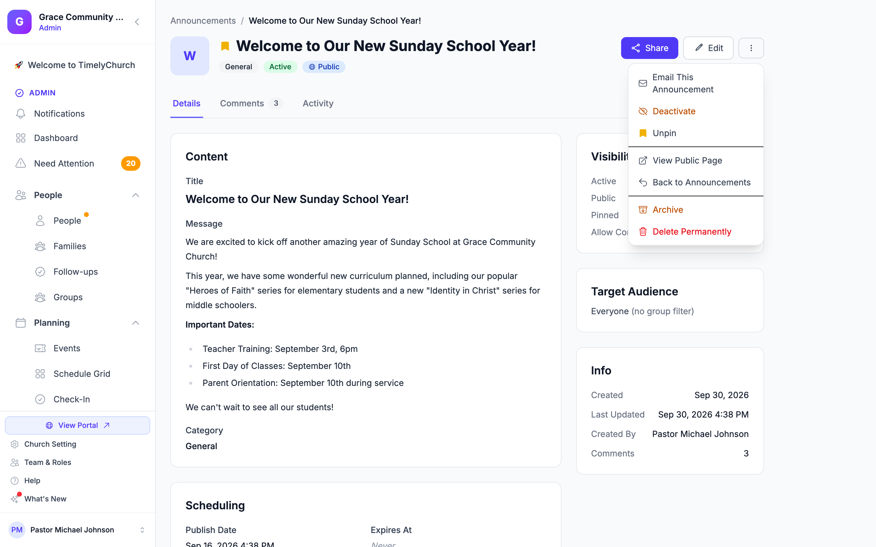 An announcement's detail page with the Details, Comments and Activity tabs and the More actions menu open, showing Email This Announcement, Deactivate, Pin to Top, View Public Page, Back to Announcements, Archive and Delete Permanently