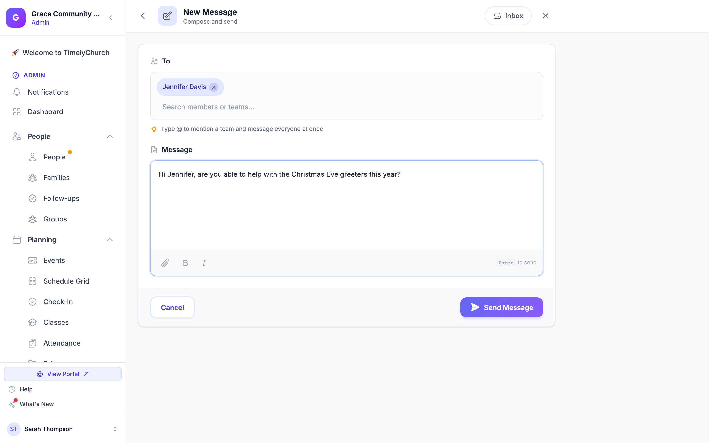 The New Message form with the To field, the "Type @ to mention a team and message everyone at once" hint, the Message box with its attach, bold and italic buttons, and the Send Message button