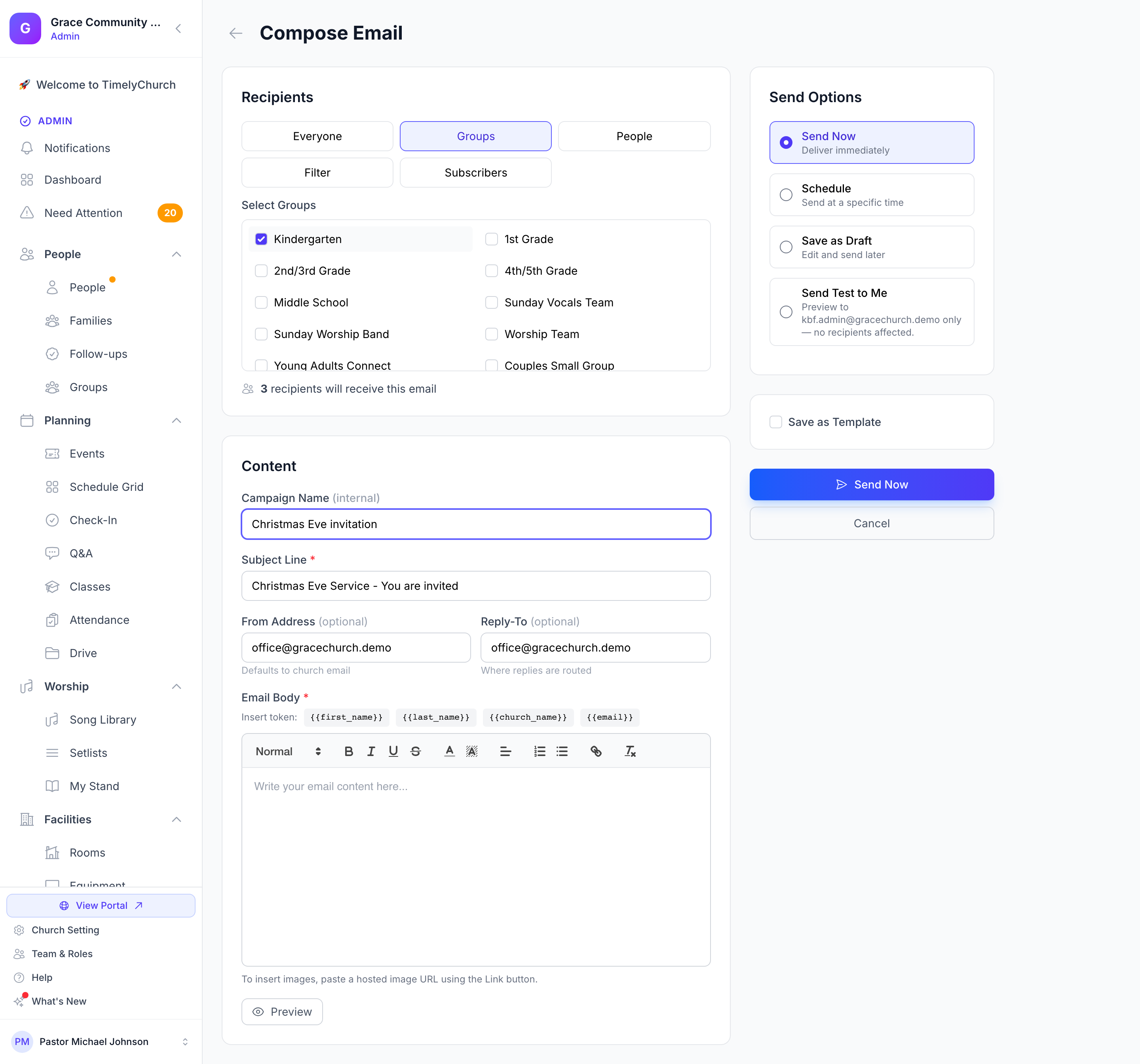 The Compose Email form with the five recipient modes (Everyone, Groups, People, Filter, Subscribers), the recipient count, the Content section with the Insert token buttons, and the Send Options