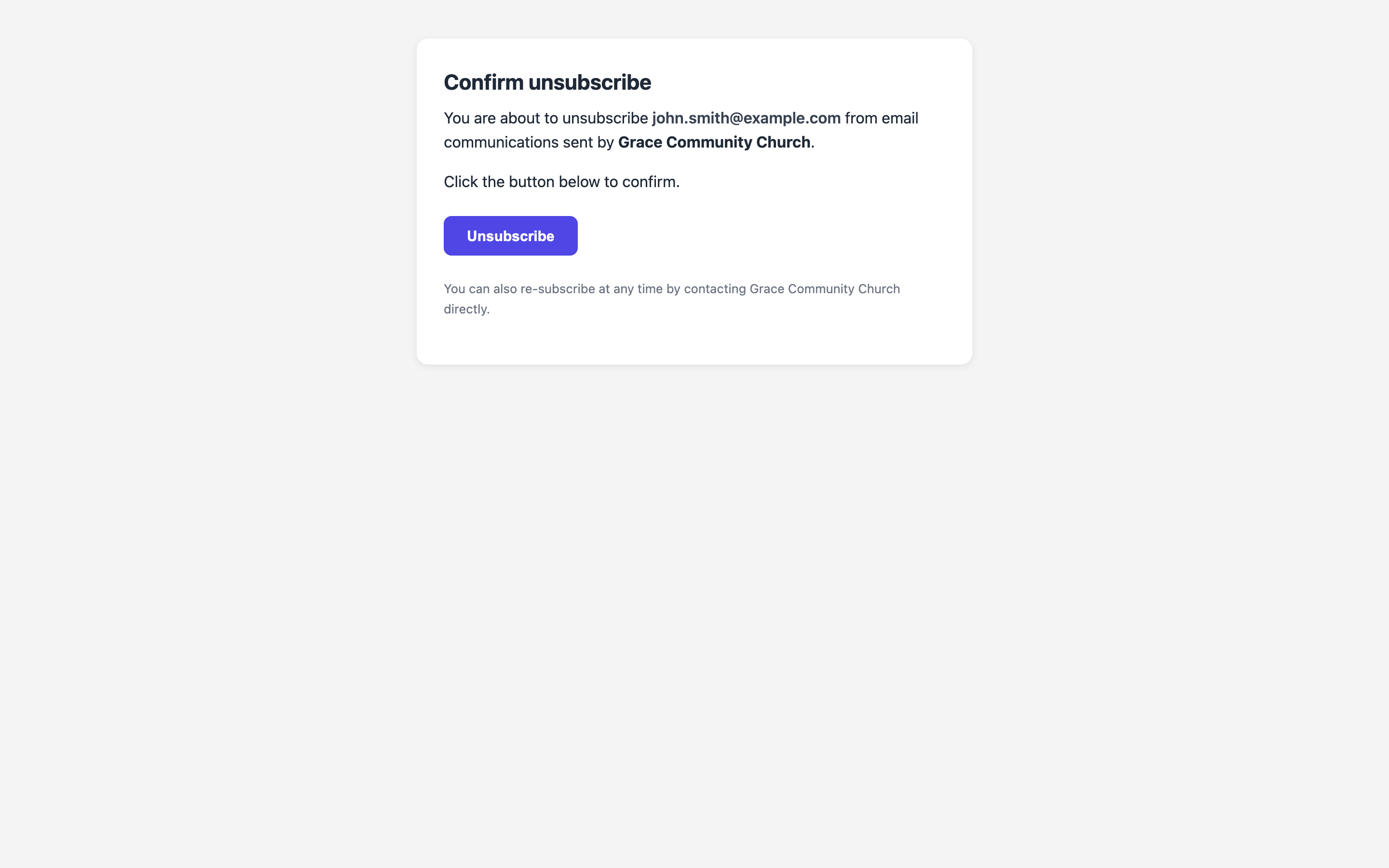 A página de confirmação de cancelamento de inscrição que um membro alcança pelo link «Cancelar inscrição desta lista» no rodapé de um e-mail — ela nomeia o endereço de e-mail e a igreja, com um único botão Cancelar inscrição para confirmar