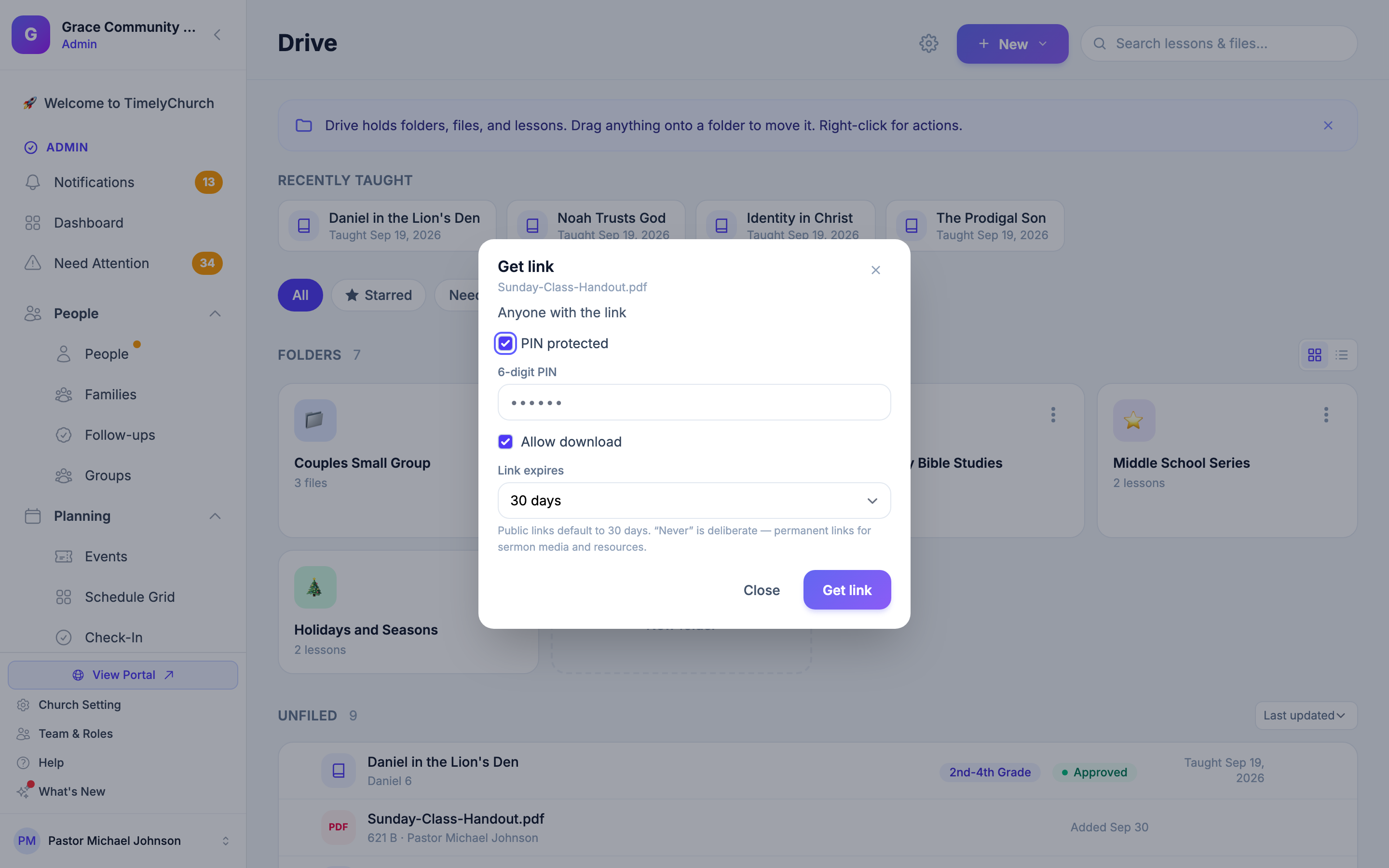 A janela Obter link no Drive com Protegido por PIN, Permitir download e O link expira definido para 30 dias