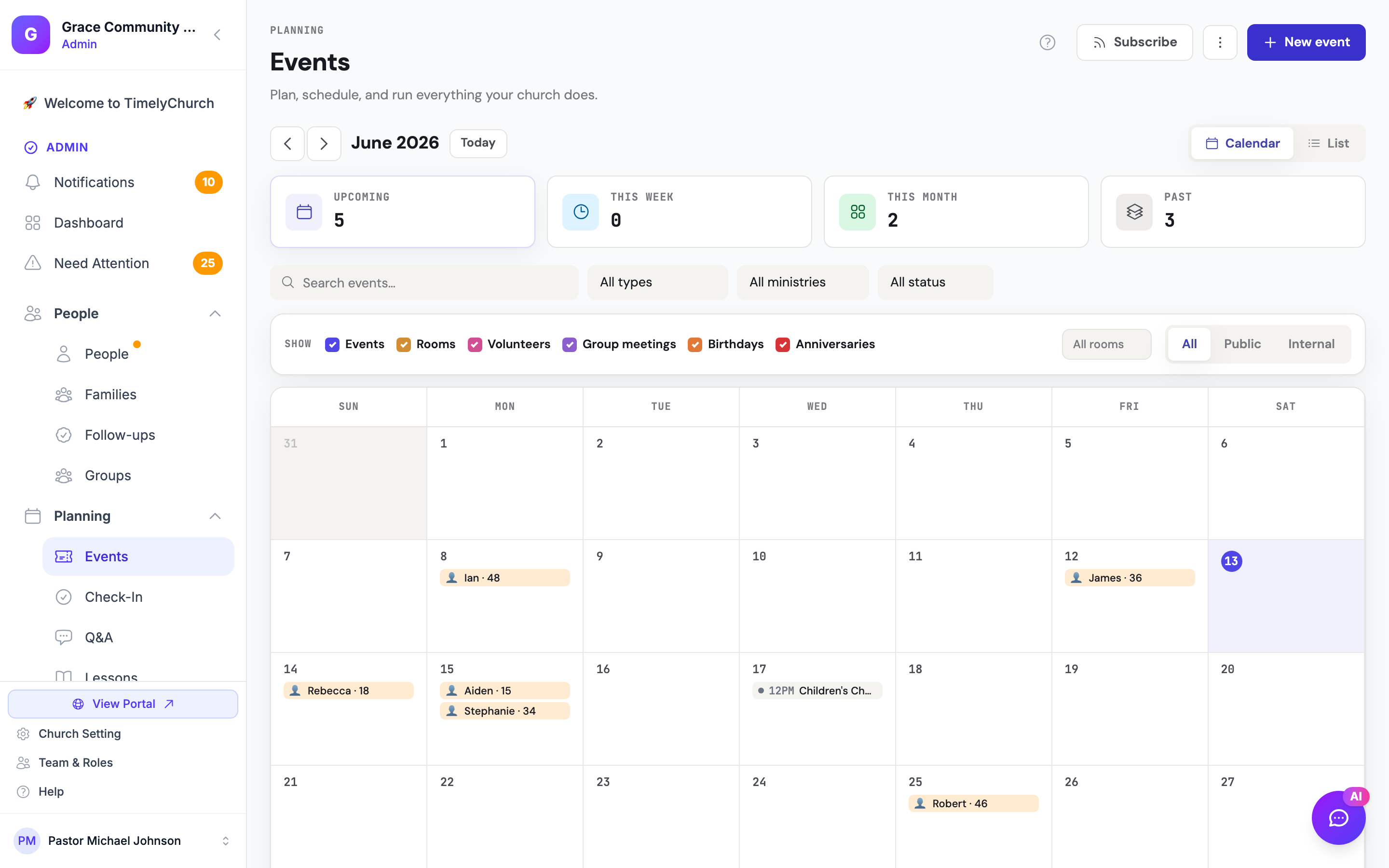 A página de Eventos mostrando a mensagem de sucesso após a criação de um evento