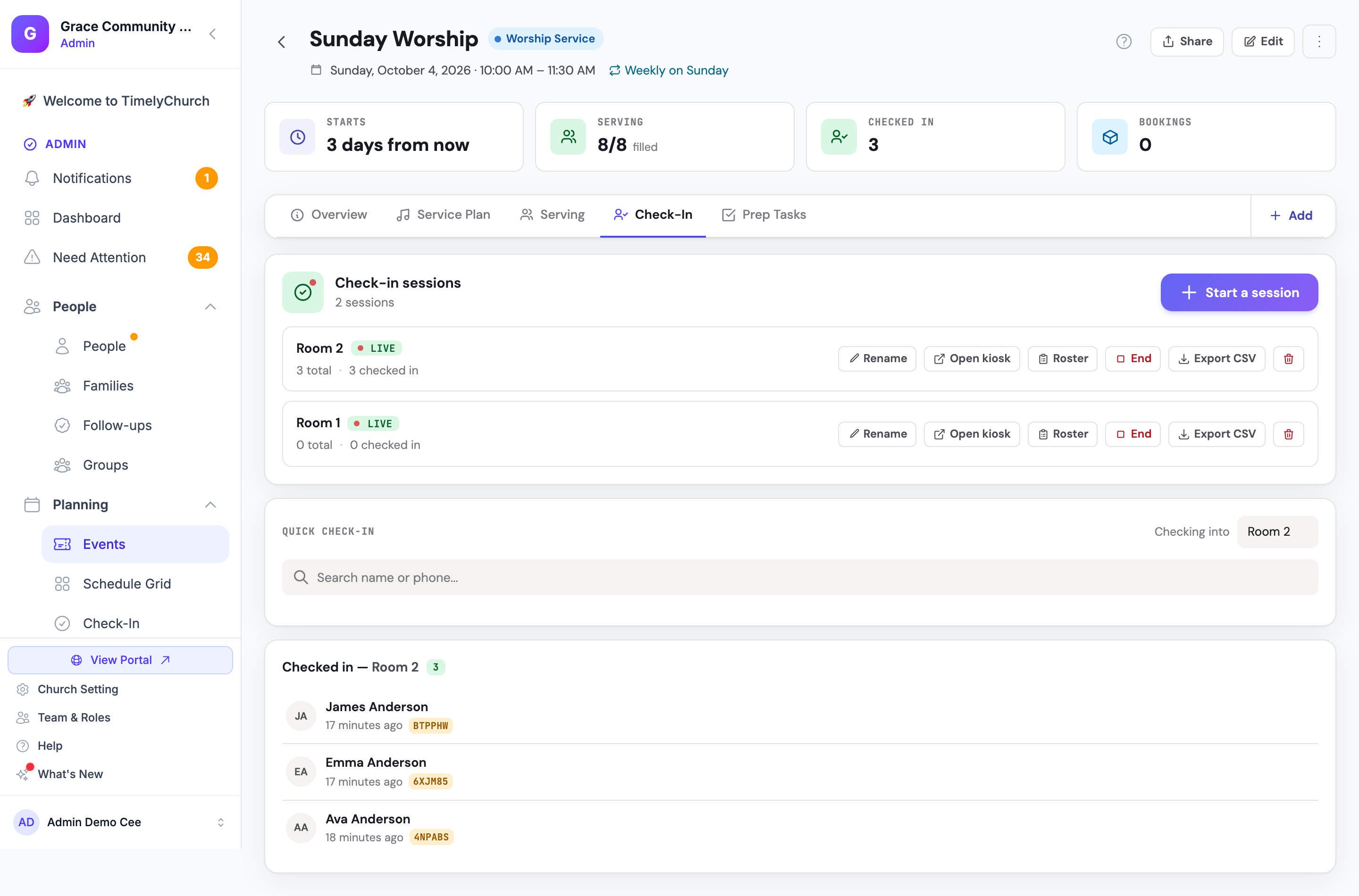 A aba Check-in mostrando duas sessões ao vivo com os botões Renomear, Abrir quiosque, Lista, Fim e Exportar CSV, e a pesquisa de Check-in rápido abaixo