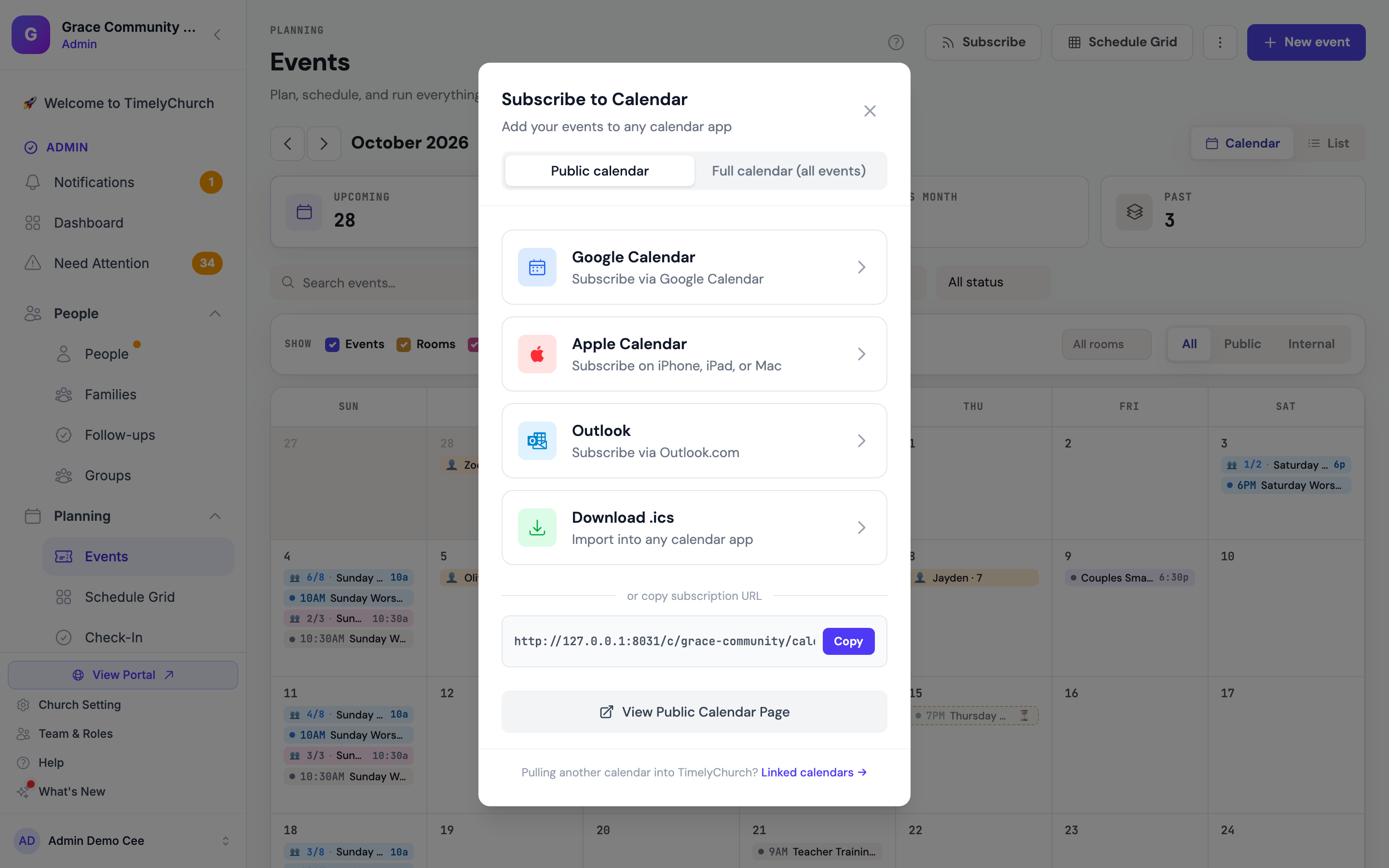 A caixa Assinar calendário na página Eventos mostrando as abas Calendário público e Calendário completo (todos os eventos) e as opções Google Calendar, Apple Calendar, Outlook e Baixar .ics