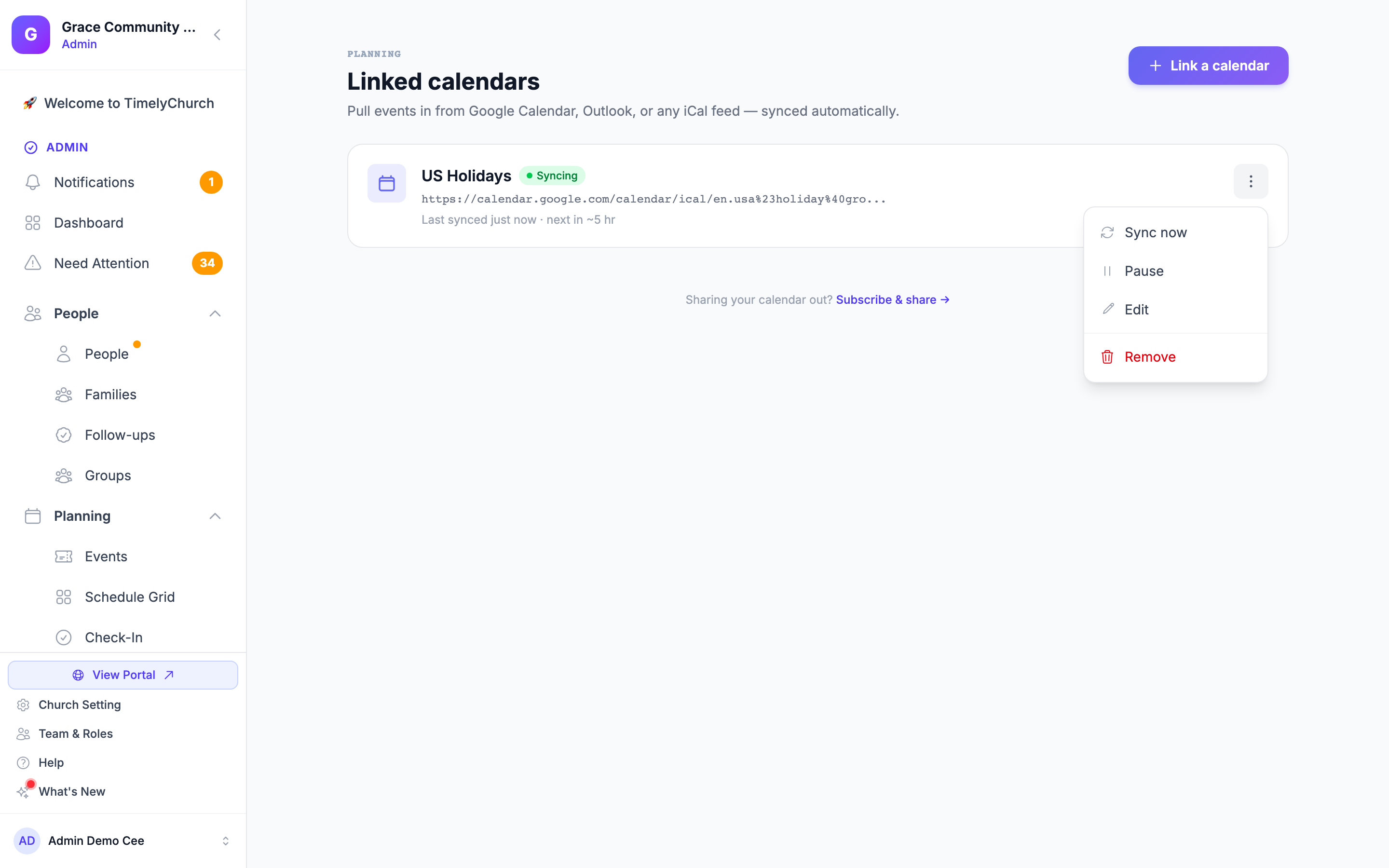 A página Calendários vinculados mostrando o cartão de um calendário vinculado com seu status de sincronização e o botão Vincular um calendário