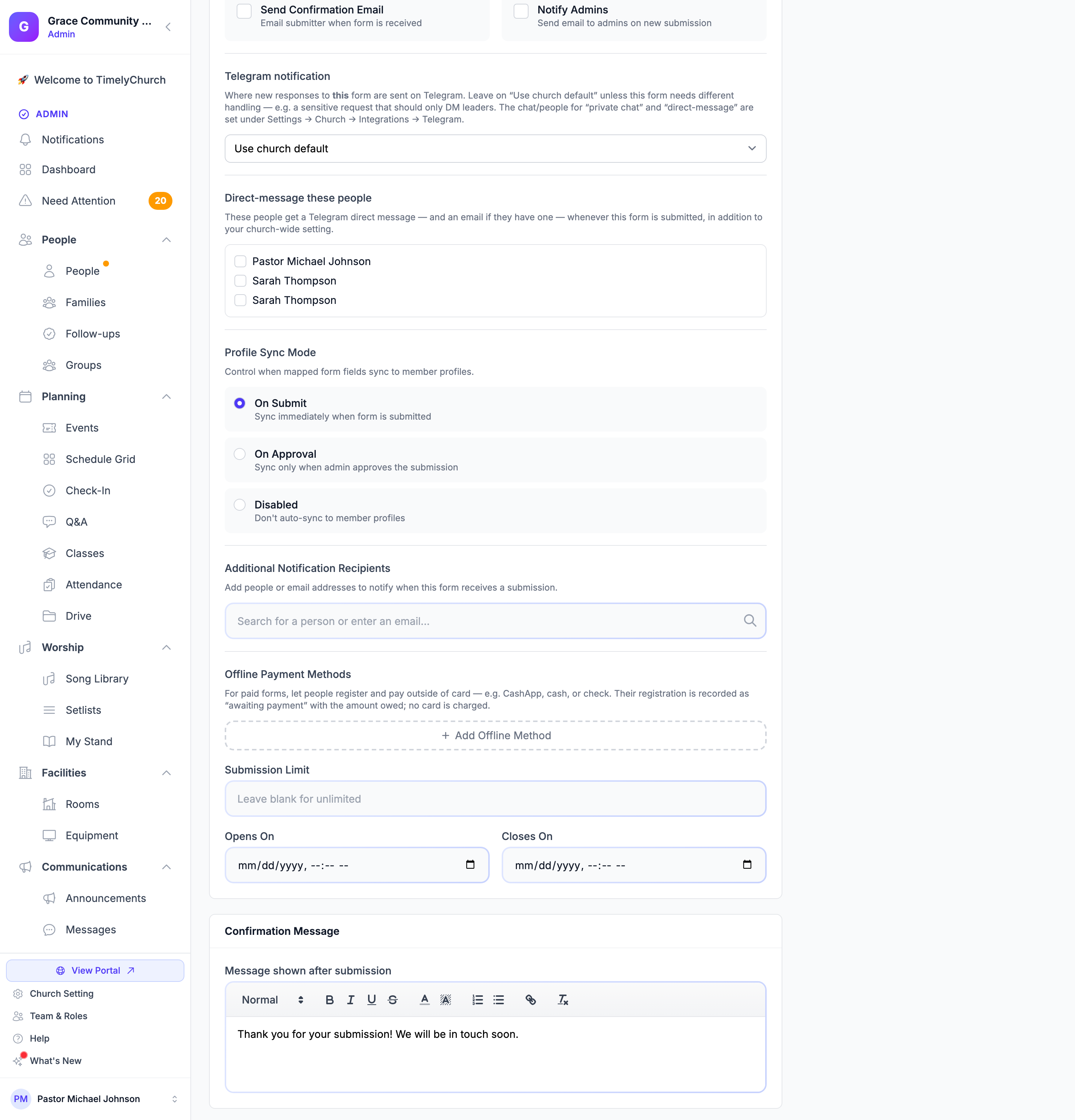 A form's Settings tab showing the Telegram notification dropdown set to Use church default, the Direct-message these people list, and the Additional Notification Recipients search box