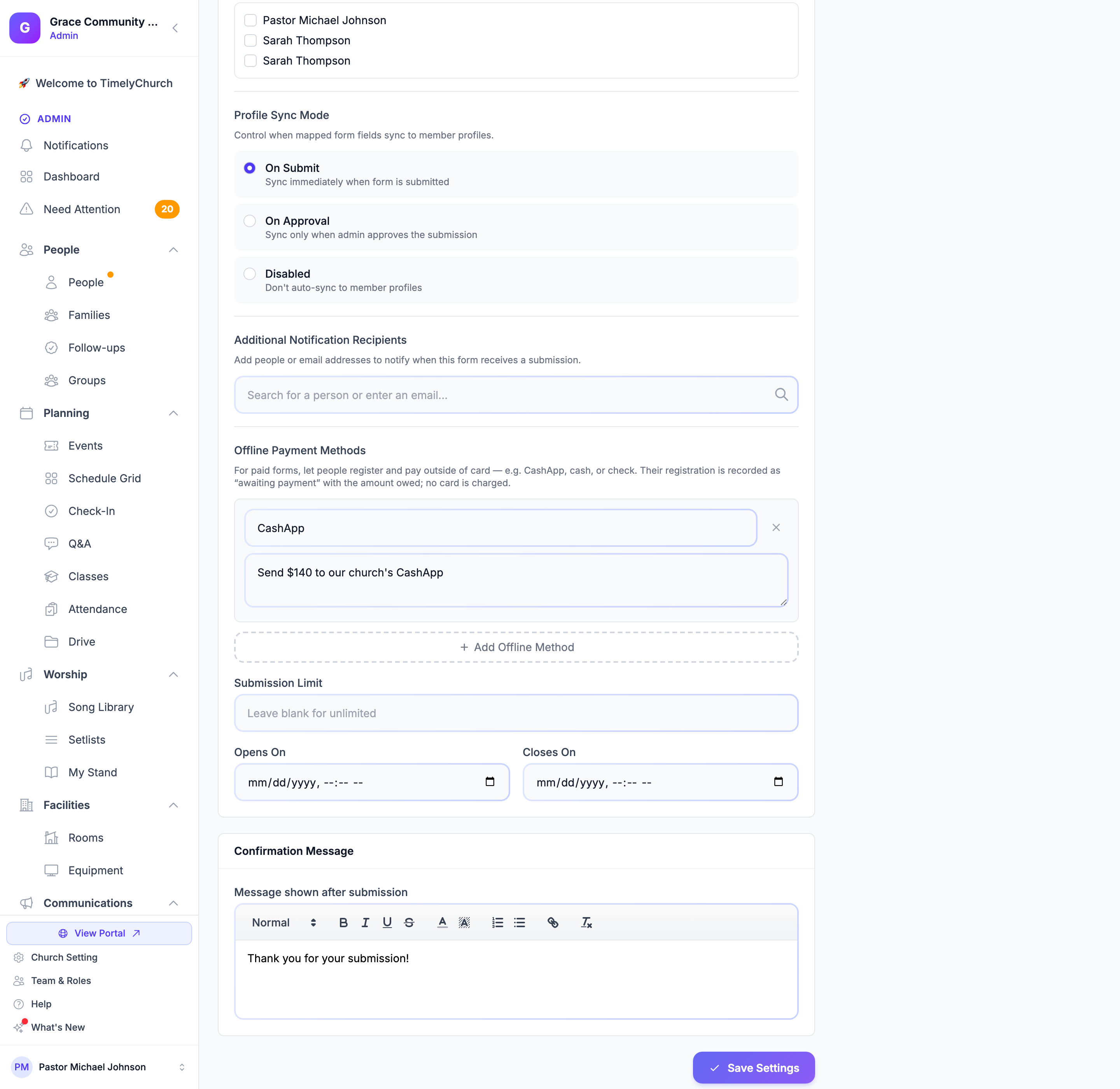 The Offline Payment Methods card on a form's Settings tab with one method named CashApp and its payment instructions, and the Add Offline Method button
