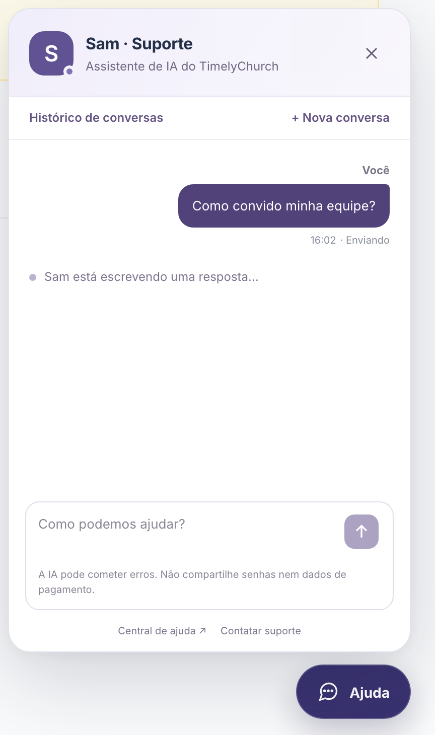 uma conversa no painel do Sam com a pergunta do usuário e a linha "Sam está escrevendo uma resposta…" logo abaixo