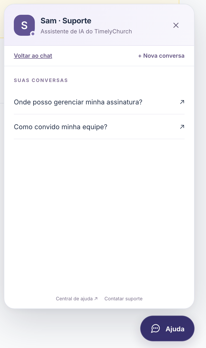 o painel do Sam mostrando "Suas conversas" com algumas conversas anteriores listadas e os botões "Voltar ao chat" e "+ Nova conversa"