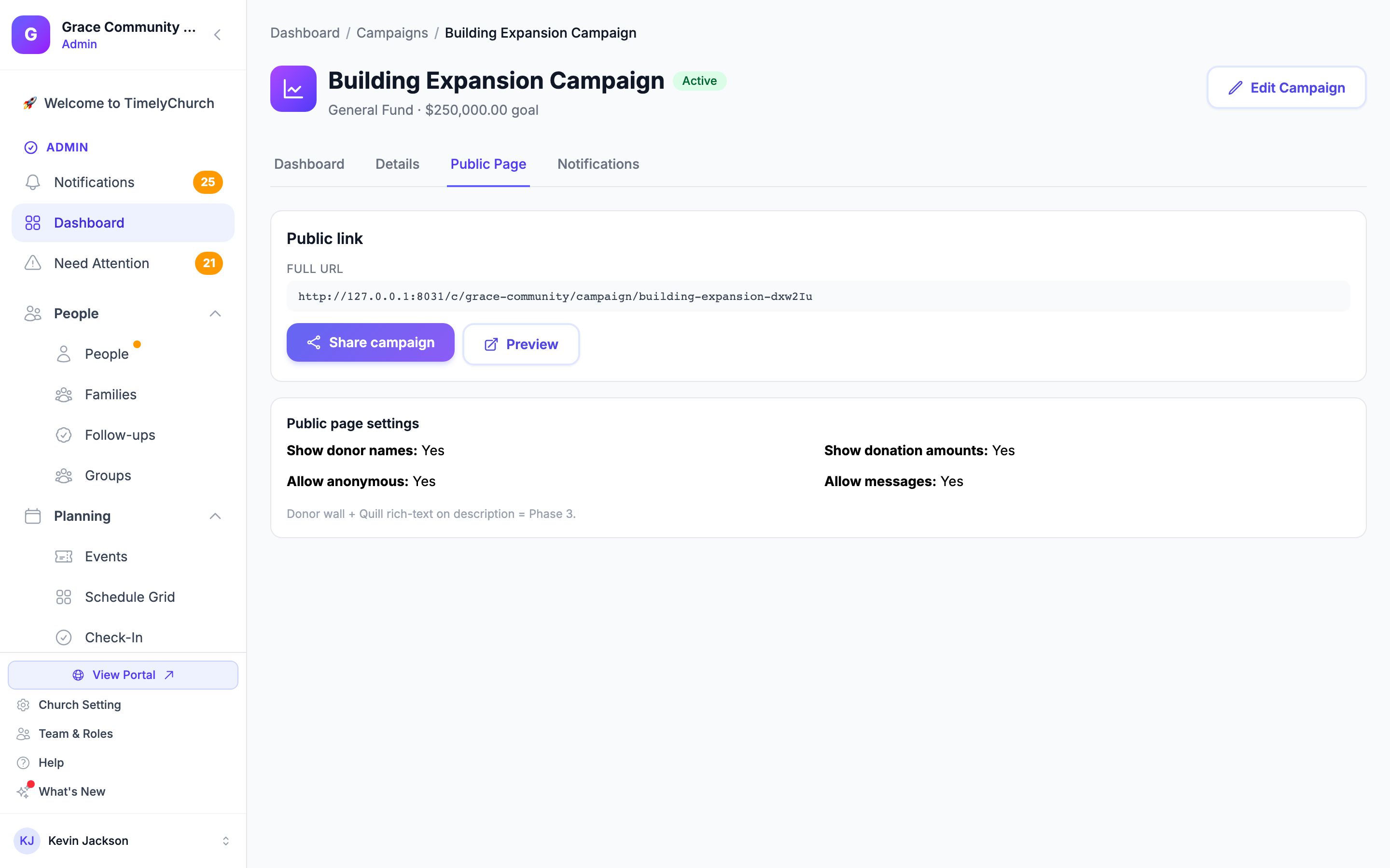 A campaign's Public Page tab showing the Full URL, the Share campaign and Preview buttons, and the Public page settings box