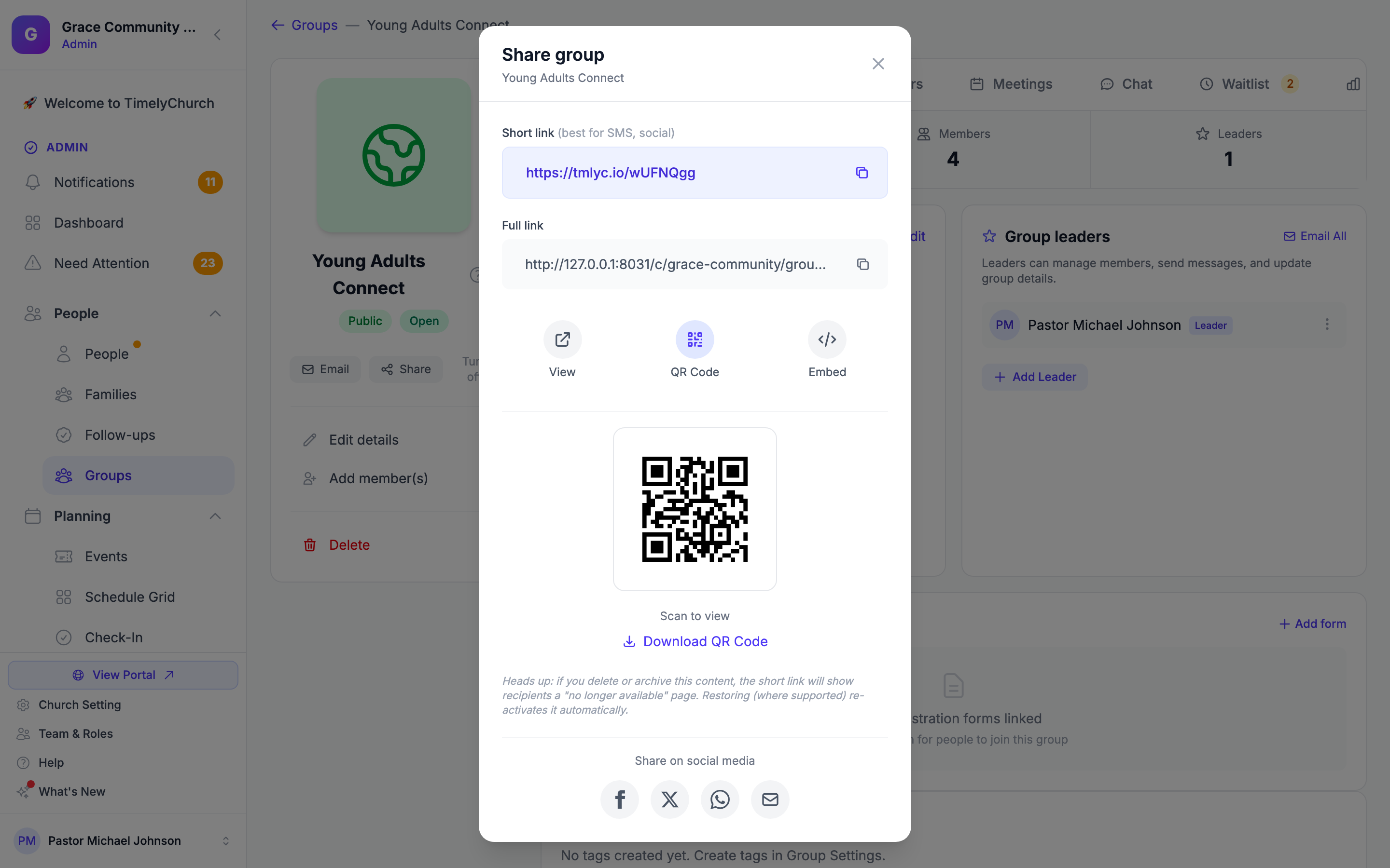A janela Compartilhar grupo com o link curto, o link completo e o código QR