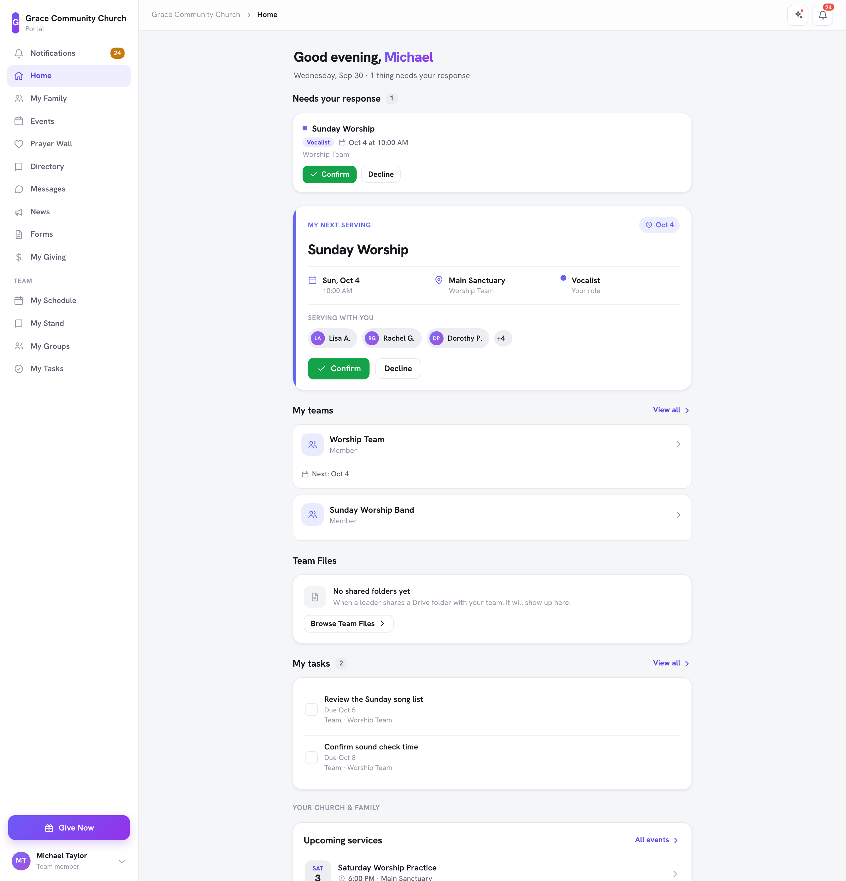 A página Início do portal do membro para quem serve em uma equipe, com Precisa da sua resposta, Meu próximo serviço e Minhas equipes