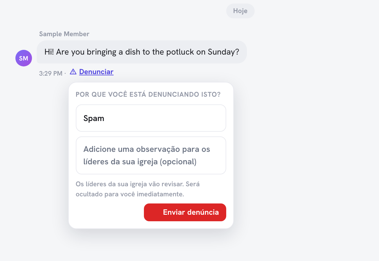 uma conversa de mensagens no Portal do Membro com o formulário "Denunciar" aberto, mostrando a lista de motivos "Por que você está denunciando isto?", a caixa de observação opcional e o botão Enviar denúncia