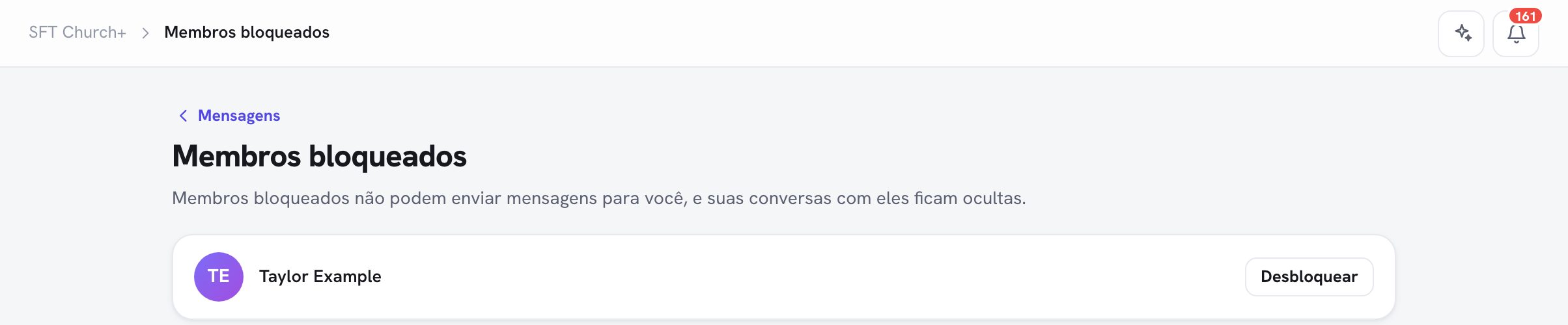 a página "Membros bloqueados" do Portal do Membro listando uma pessoa bloqueada com o botão Desbloquear