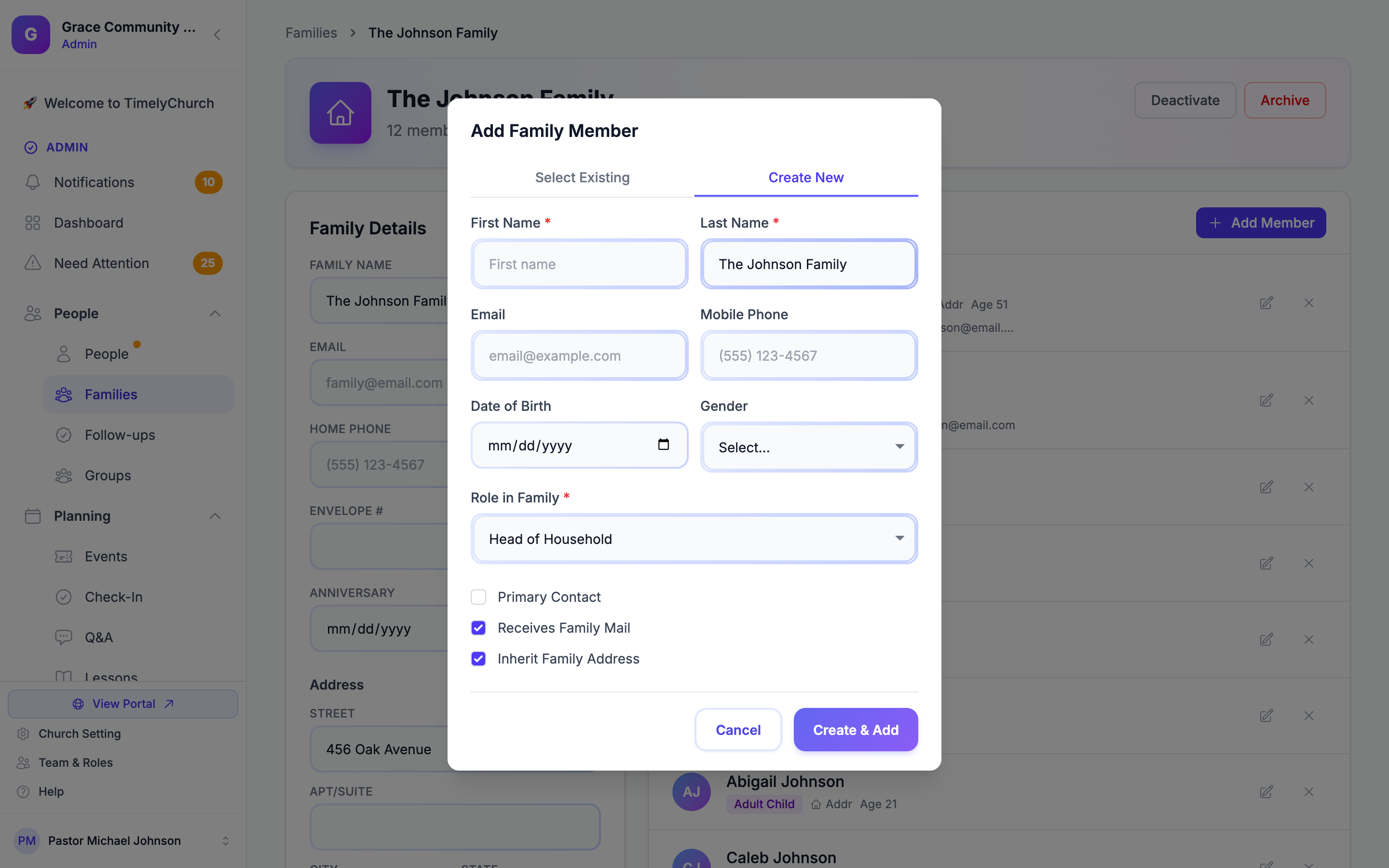 Create & Add Member form showing name fields, role dropdown, and inherit address checkbox
