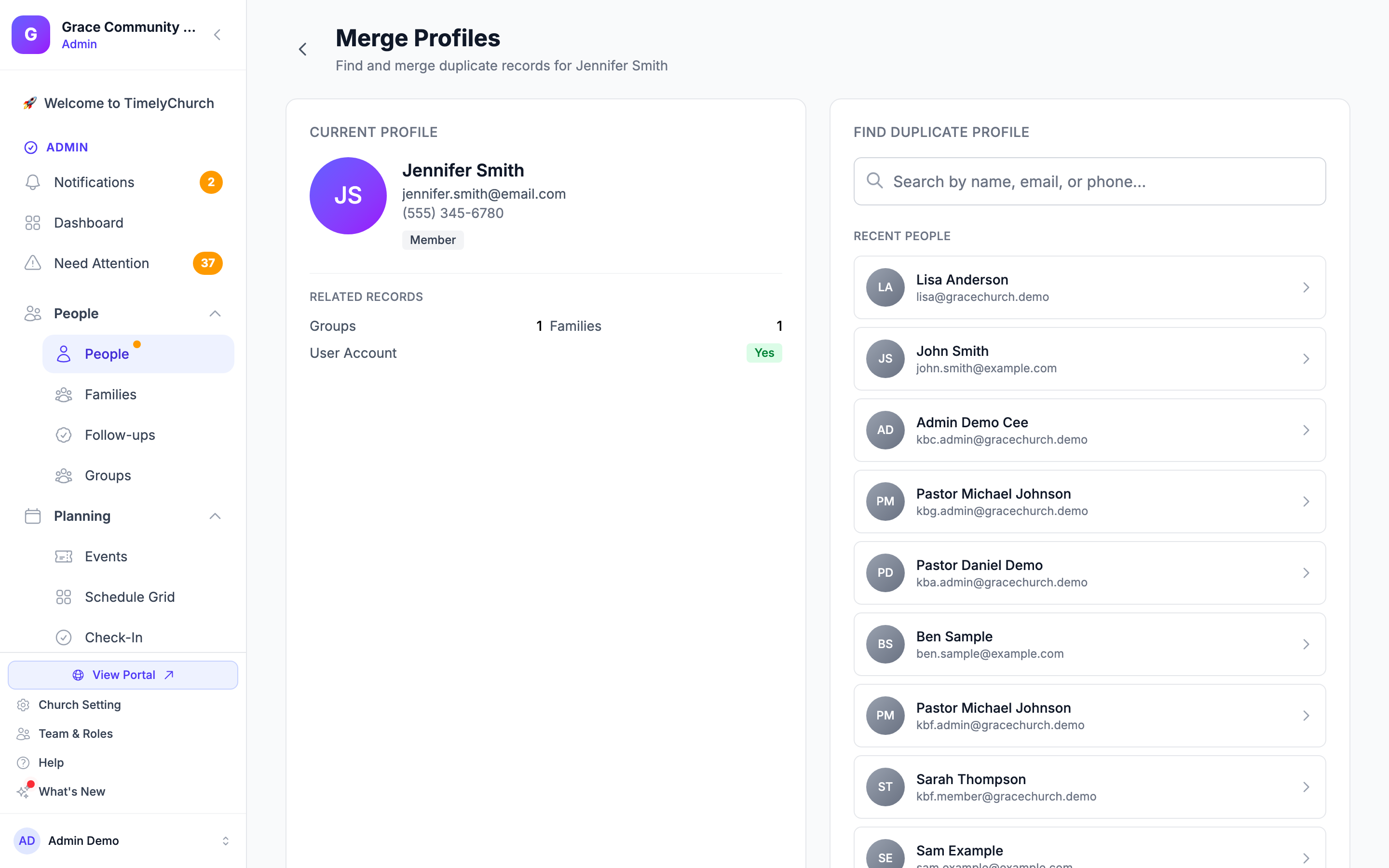 Merge Profiles page showing the current profile with its related records and the Find Duplicate Profile search