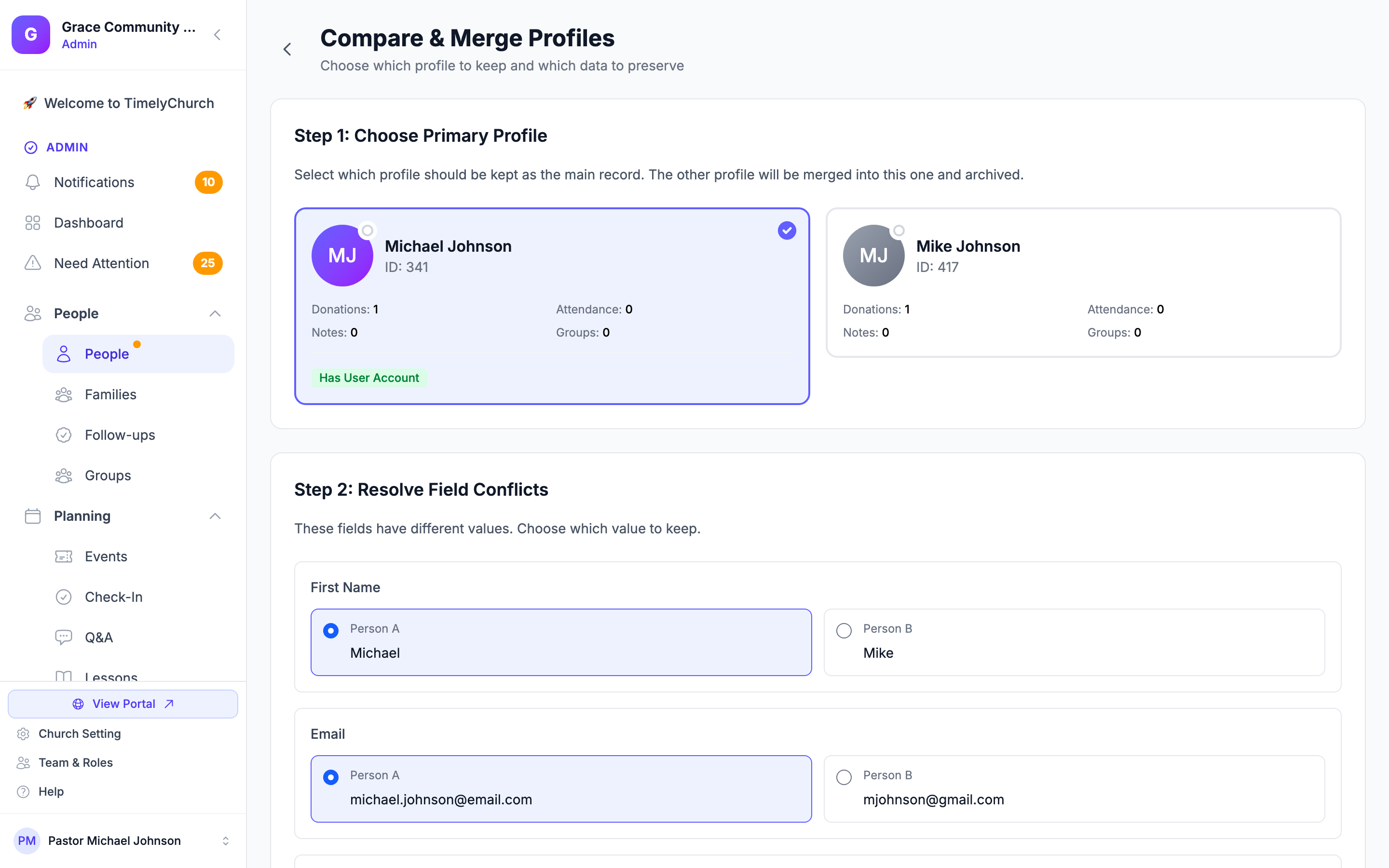 Merge comparison page showing field-by-field choices between primary and secondary records
