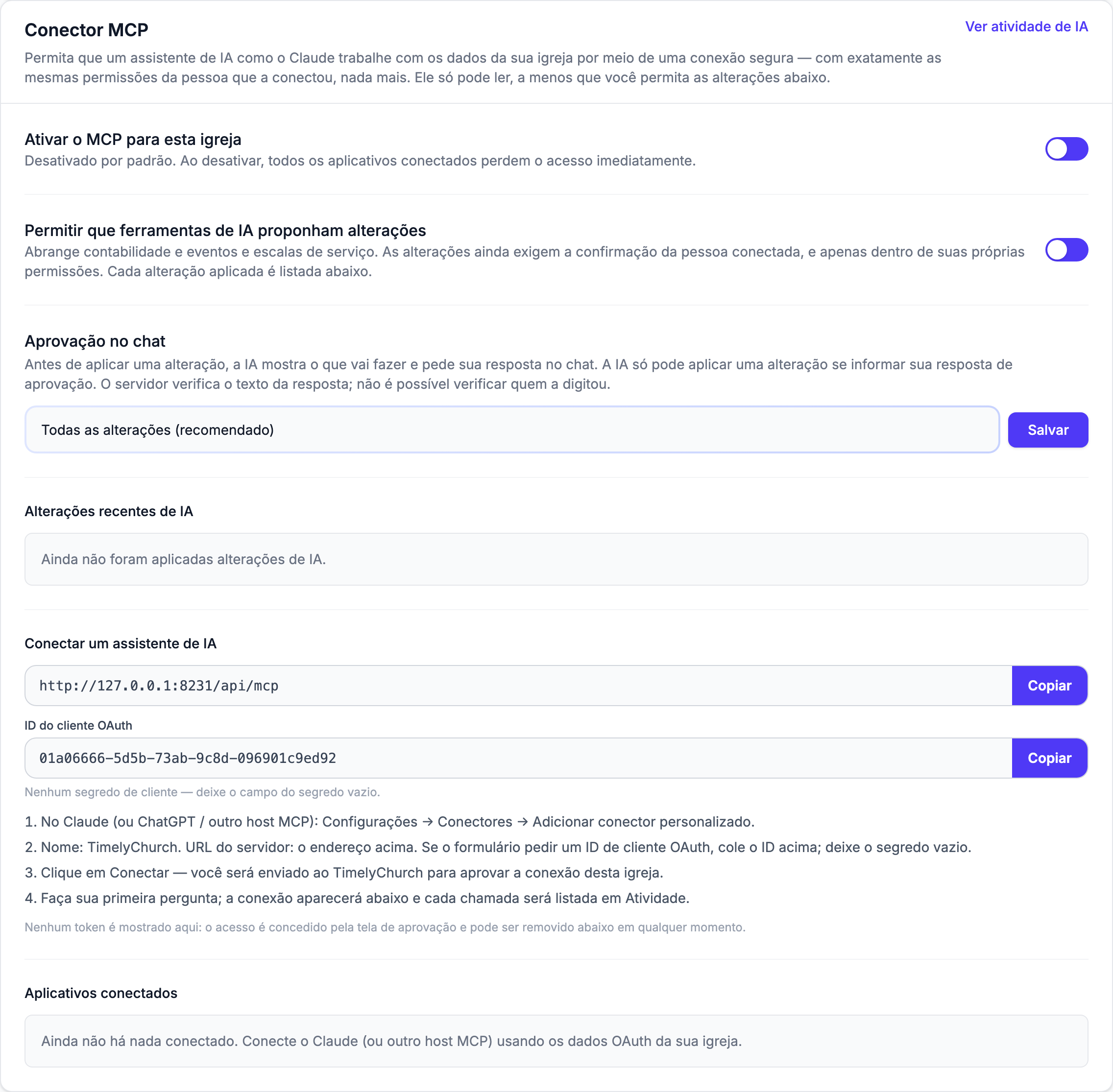 O cartão Conector MCP na aba Integrações, ativado, mostrando "Ativar o MCP para esta igreja", "Permitir que ferramentas de IA proponham alterações", o menu "Aprovação no chat" e o link "Ver atividade de IA"