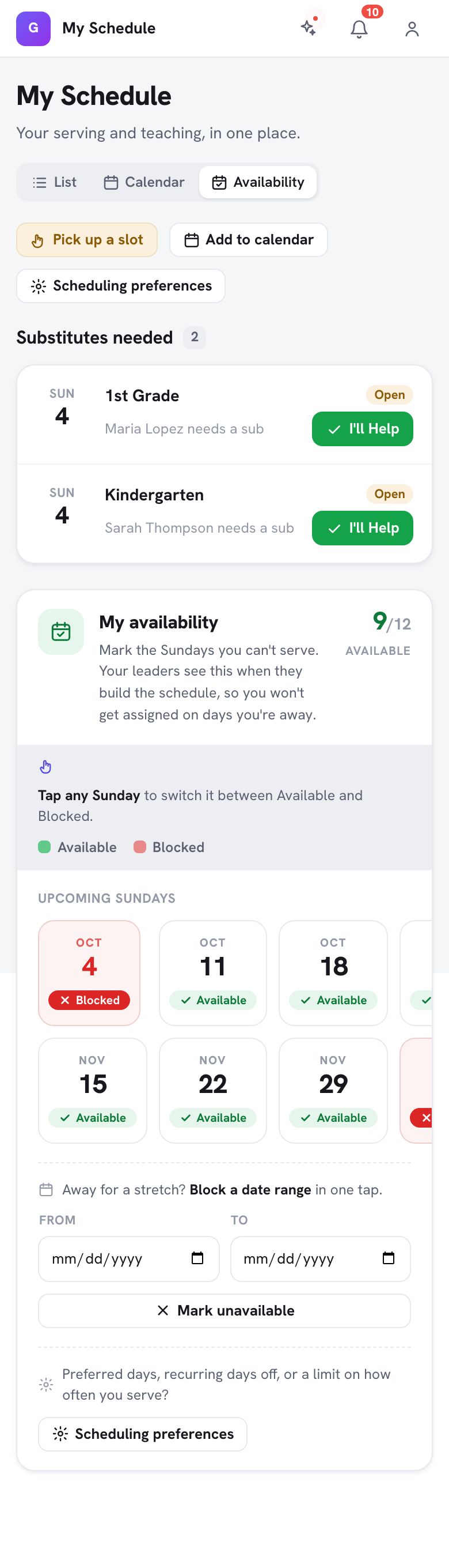A visualização Disponibilidade de Minha agenda, mostrando os próximos domingos como blocos Disponível ou Bloqueado e a opção Bloquear um intervalo de datas com as datas De e Para