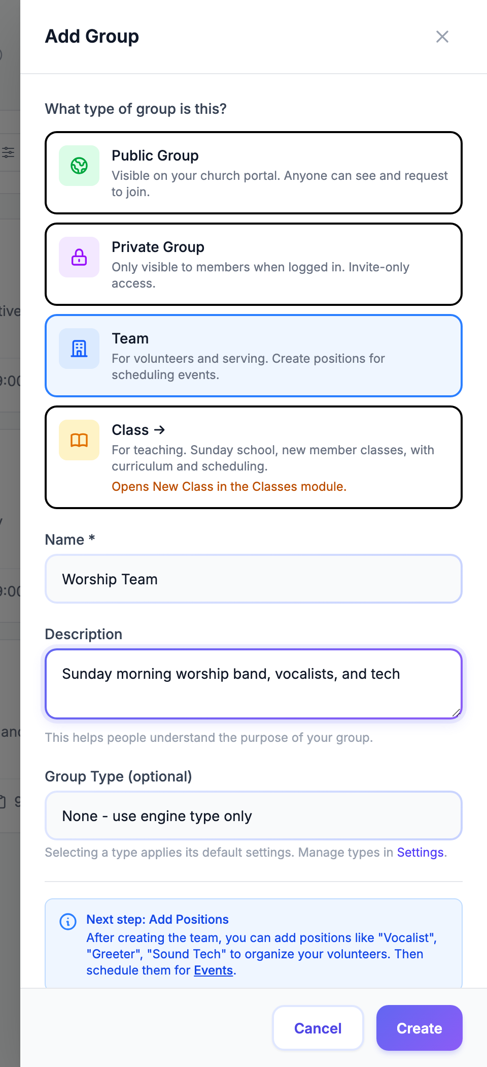 O painel Adicionar grupo com o tipo Equipe selecionado, o campo Nome preenchido com Worship Team e o botão Criar