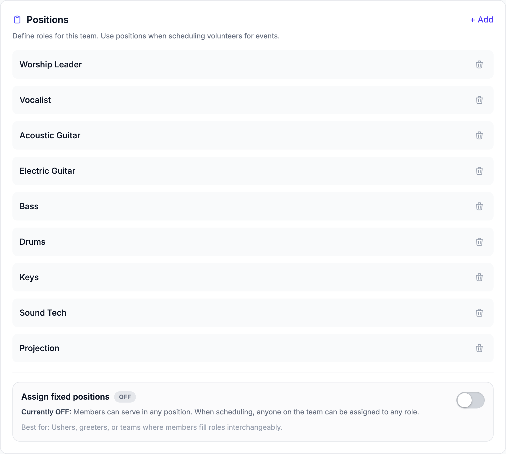O card Positions na aba Group details listando as posições de adoração, com o botão + Add e o interruptor Atribuir posições fixas abaixo da lista
