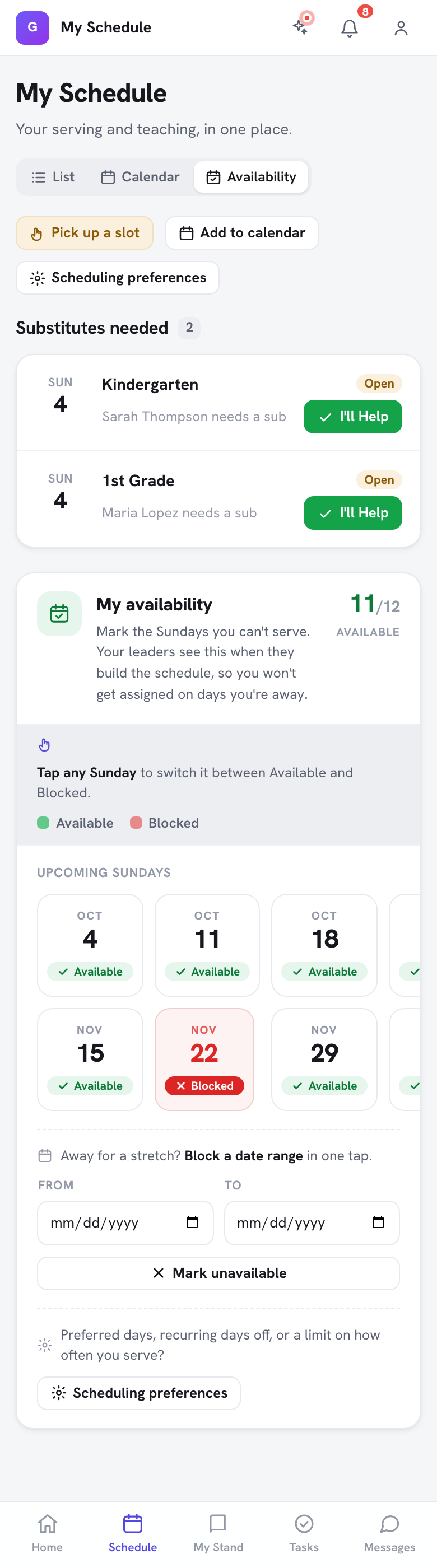 A aba Disponibilidade em Minha agenda — próximos domingos marcados como Disponível ou Bloqueado, a ferramenta Block a date range e o botão Preferências de escala