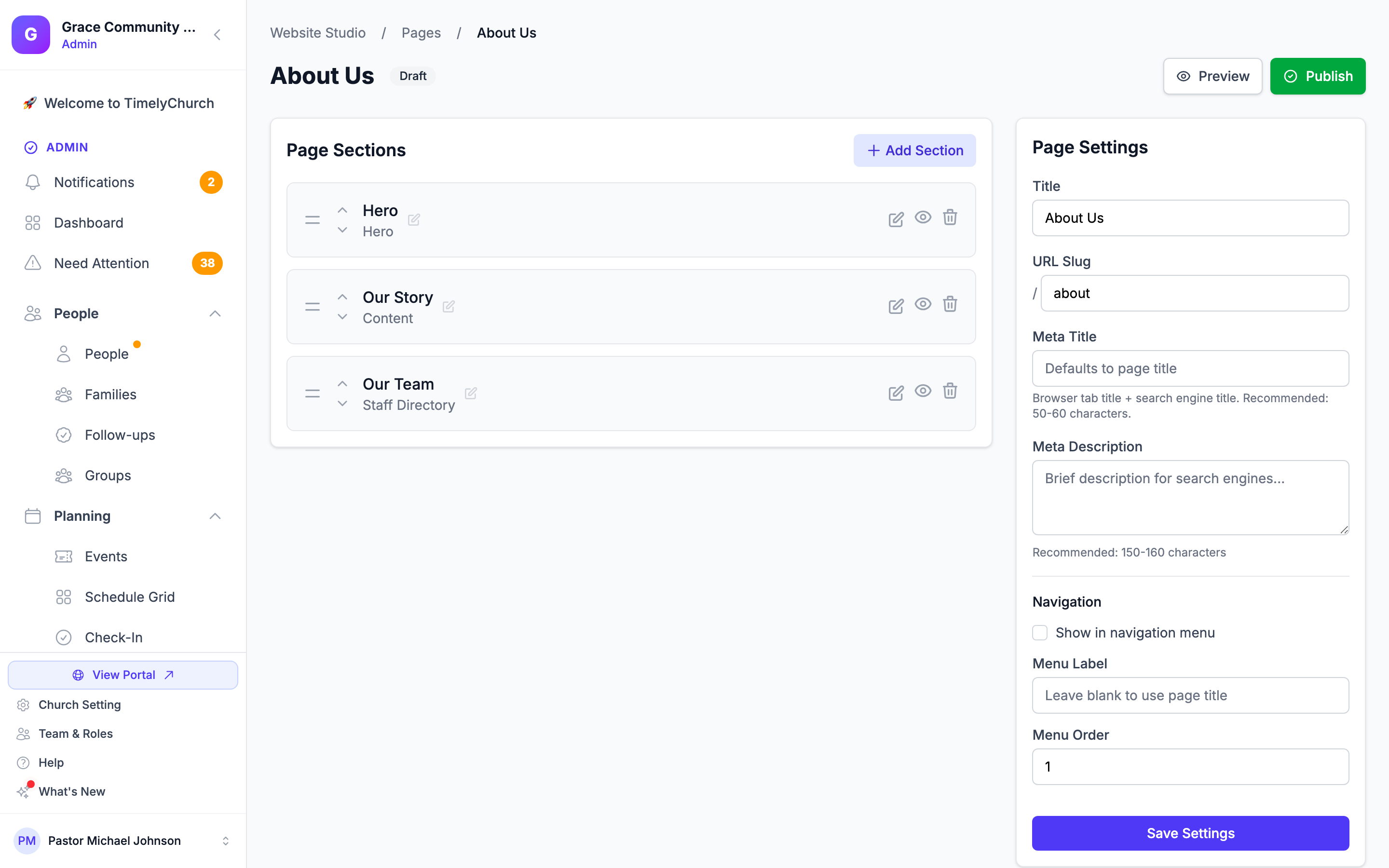 The page editor with the Page Sections list on the left and the Page Settings sidebar on the right
