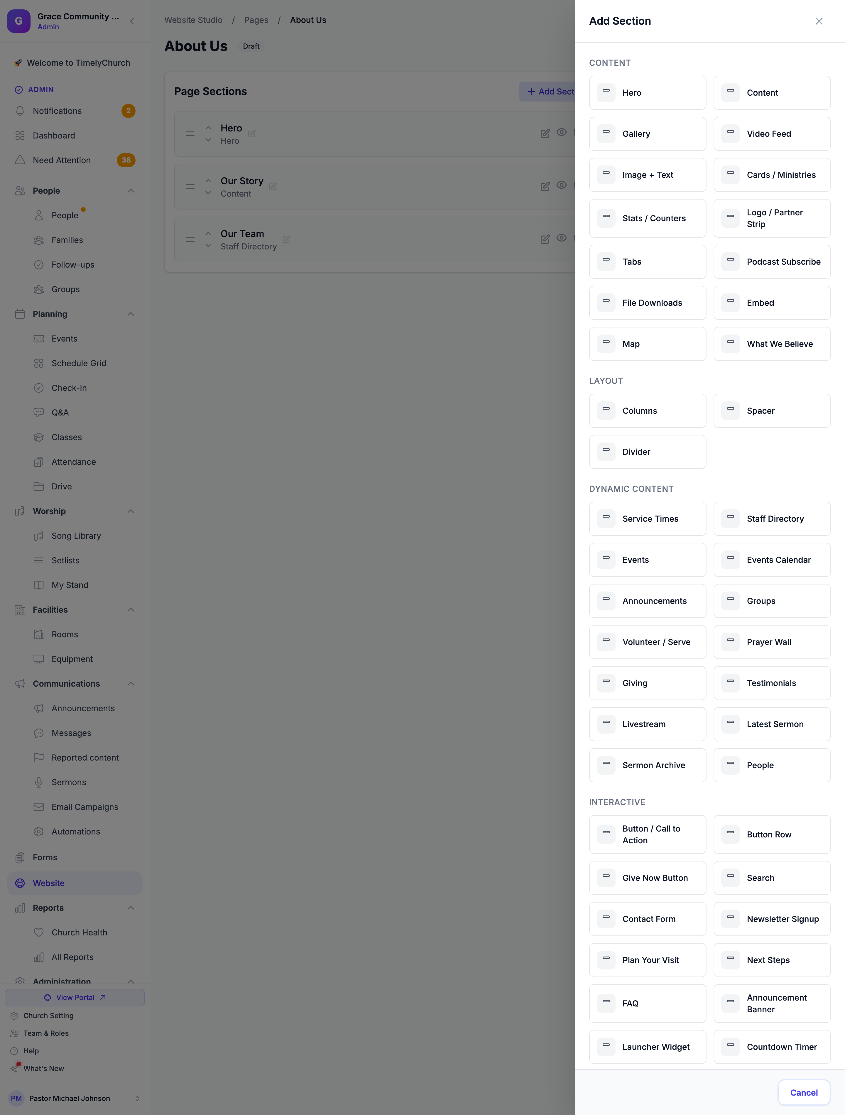 The Add Section window listing the section types by category