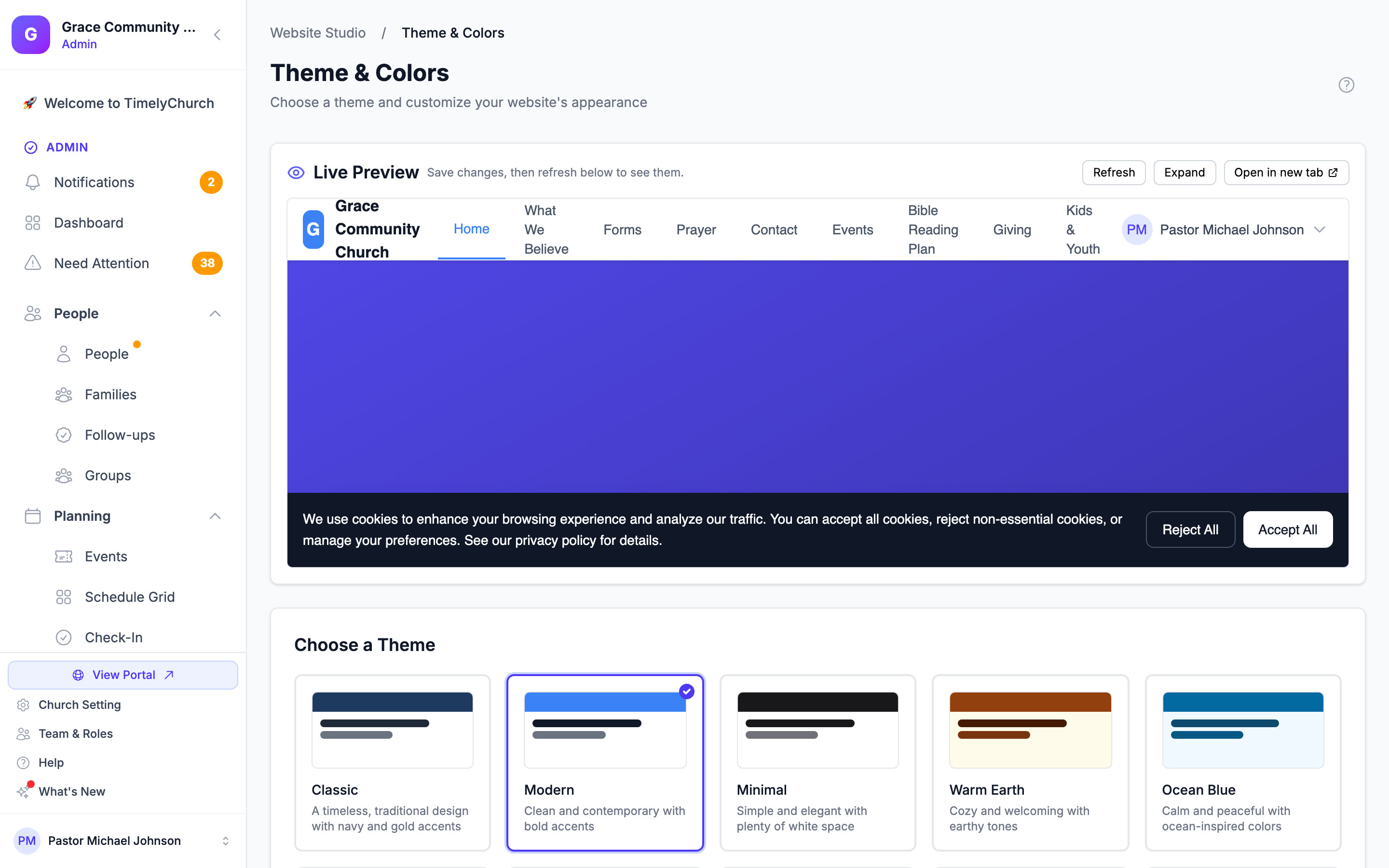 The Theme & Colors page with the Live Preview at the top and the Choose a Theme cards below