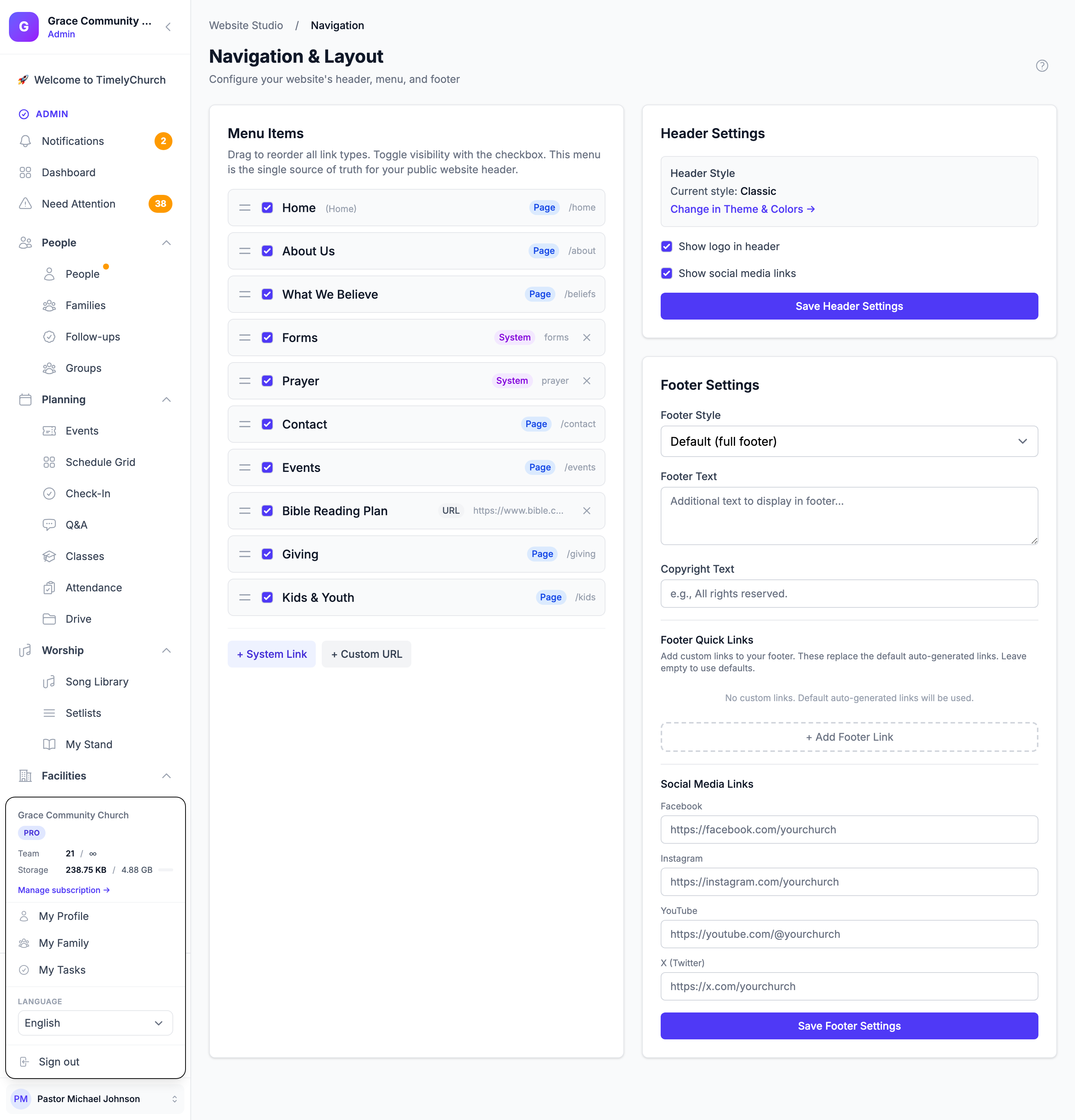 The Navigation & Layout page with the Menu Items list, the + System Link and + Custom URL buttons, and the Header Settings and Footer Settings cards
